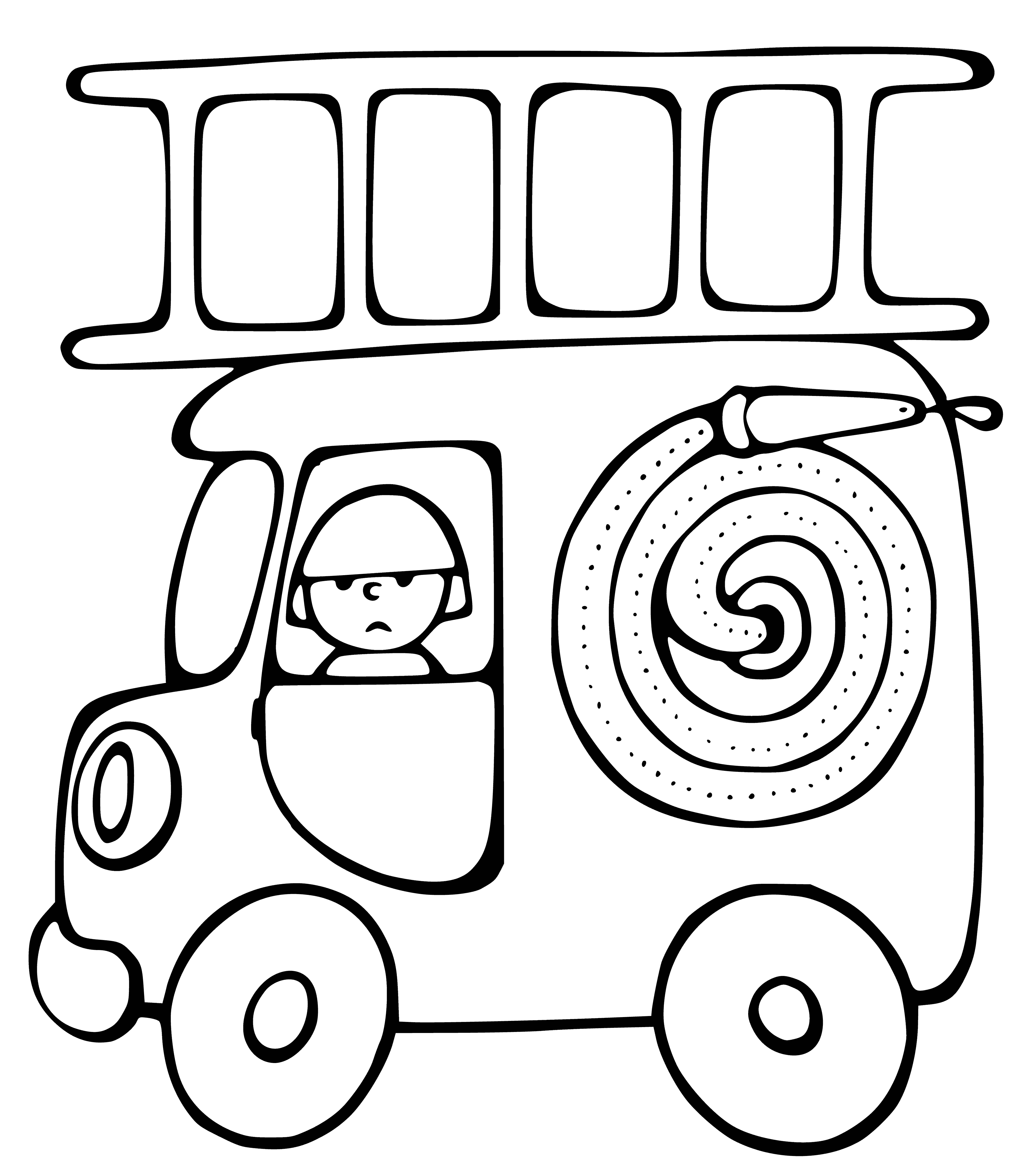 coloring page: Fire engine has a pump, hose & ladder to douse fires & rescue people from burning bldgs.