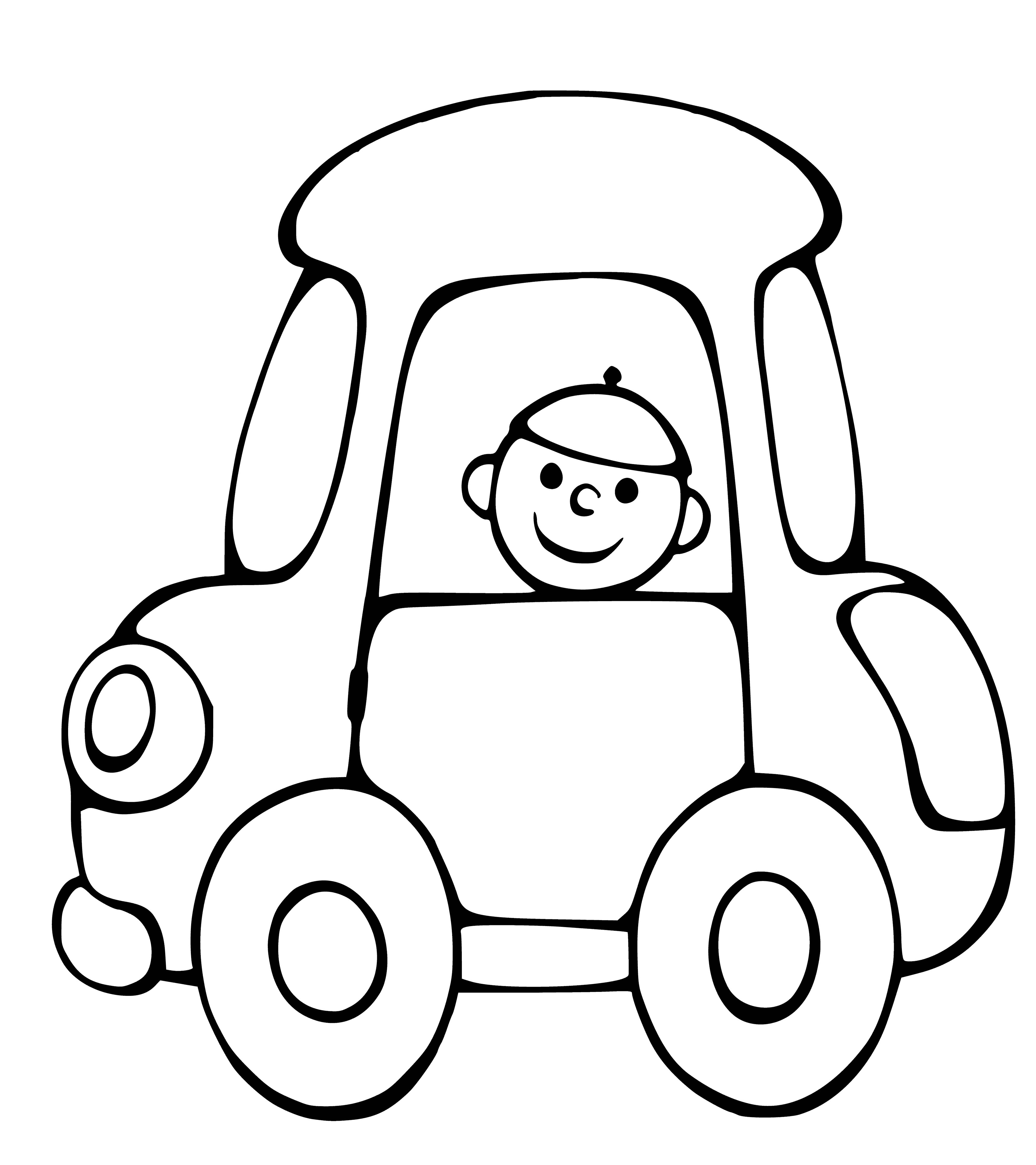 coloring page: A small, white car is parked in a driveway, engine off & doors closed.