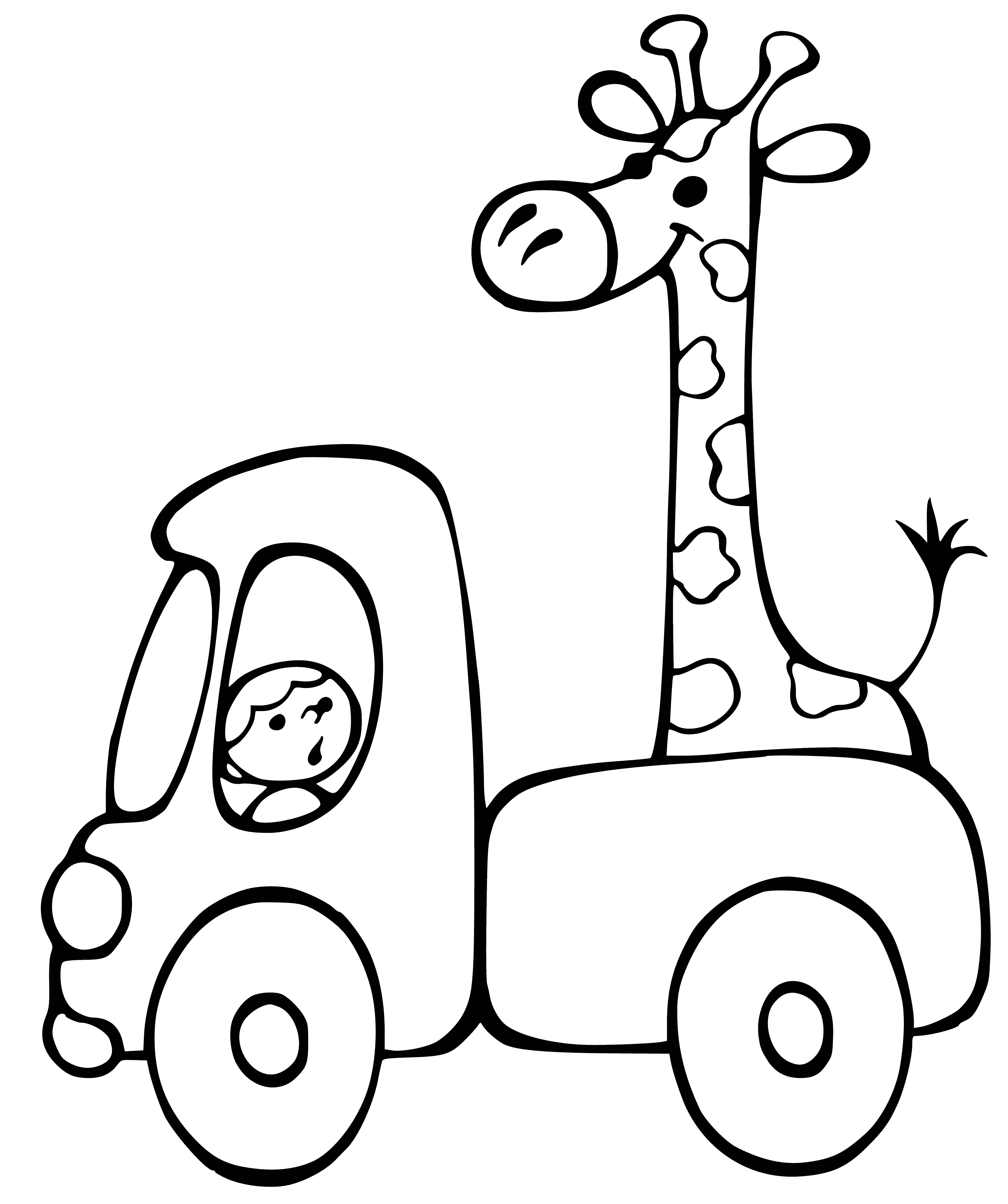 coloring page: Giraffe sticking out sunroof, head close to ceiling; tall body, long legs.