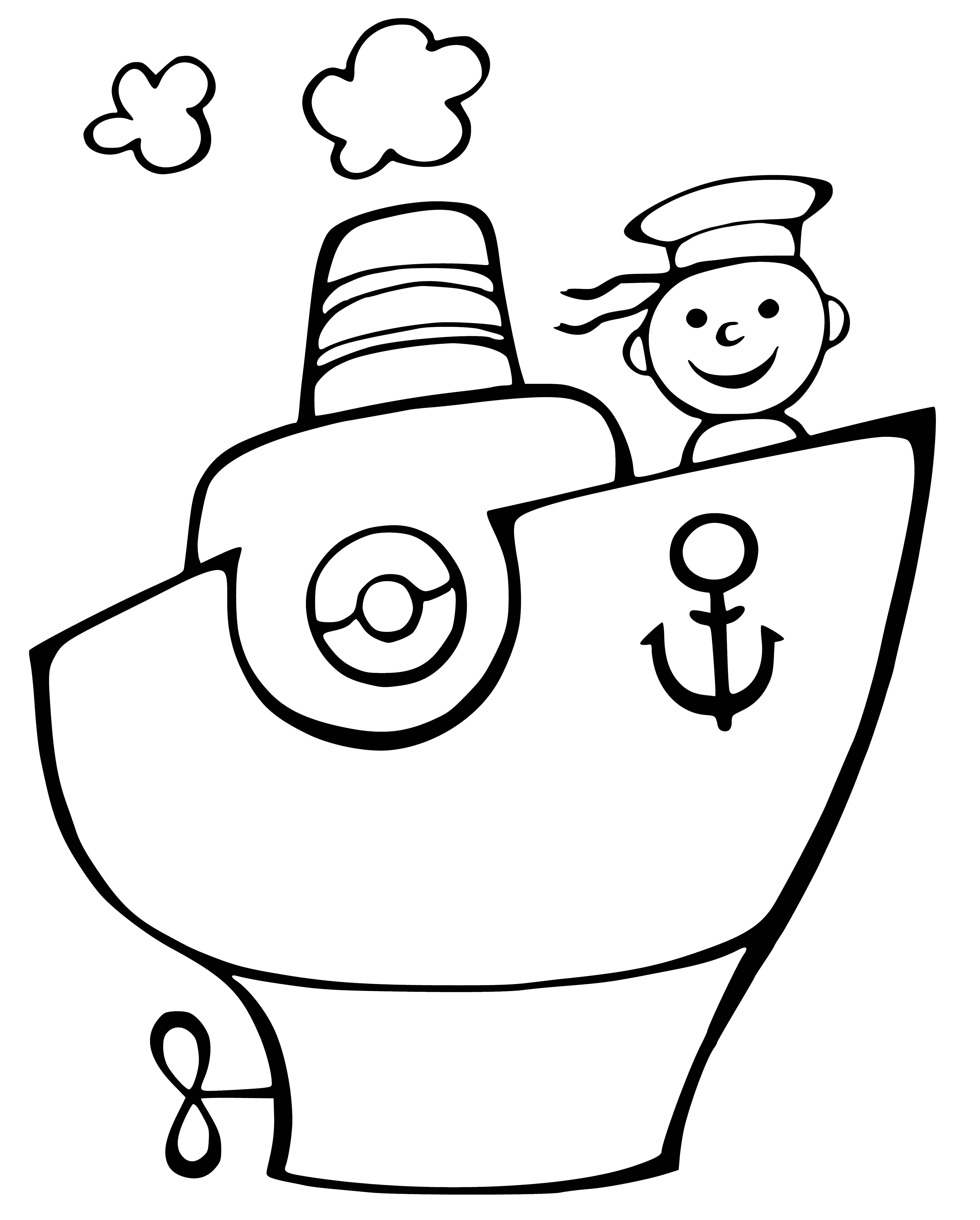 coloring page: Large ship sailing on ocean: pointed front, several windows, decks, large sliding door at back.