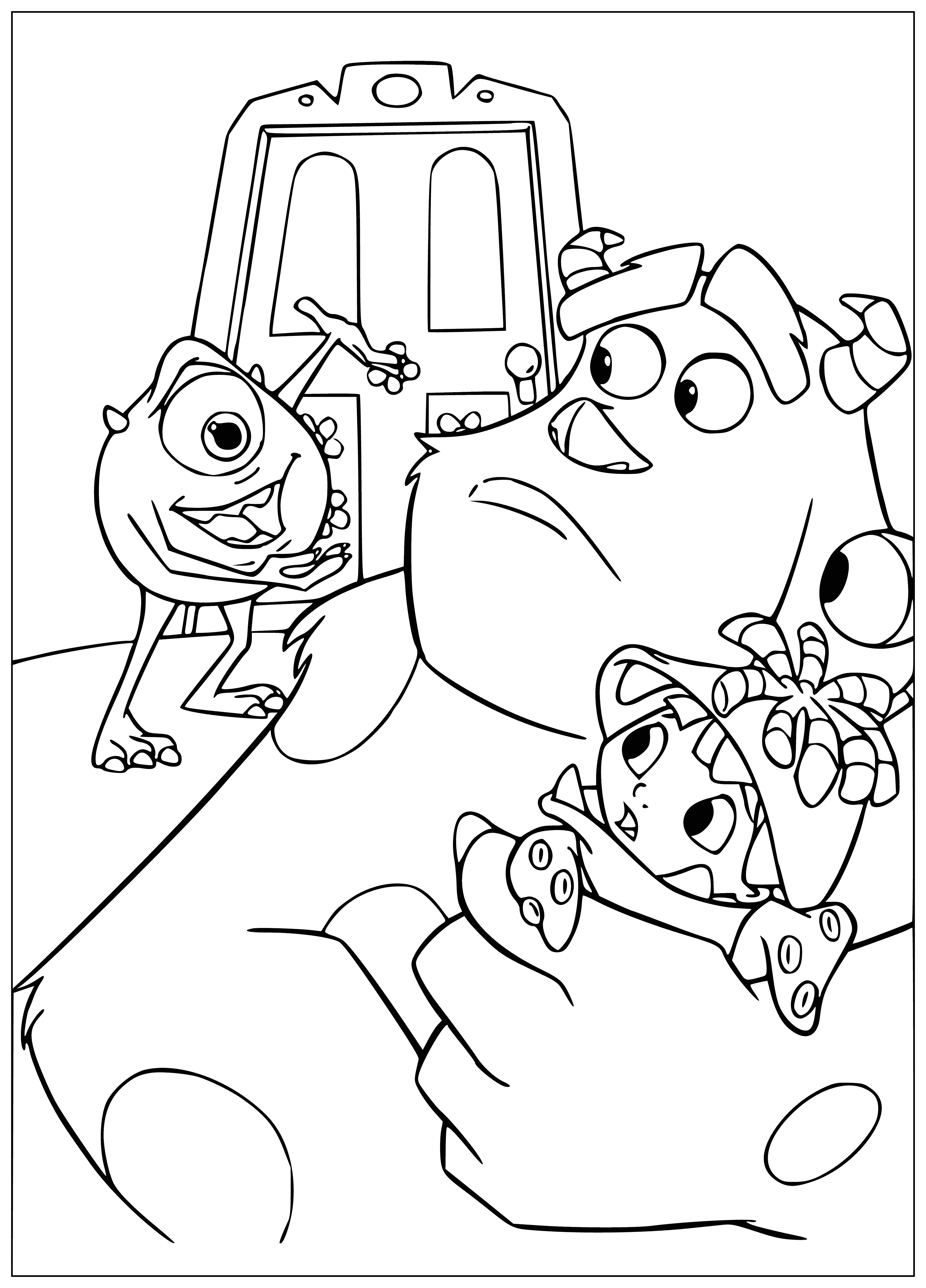 coloring page: Monster Inc. has a giant blue/purple door w/ an orange knocker & reads "Monster Inc."