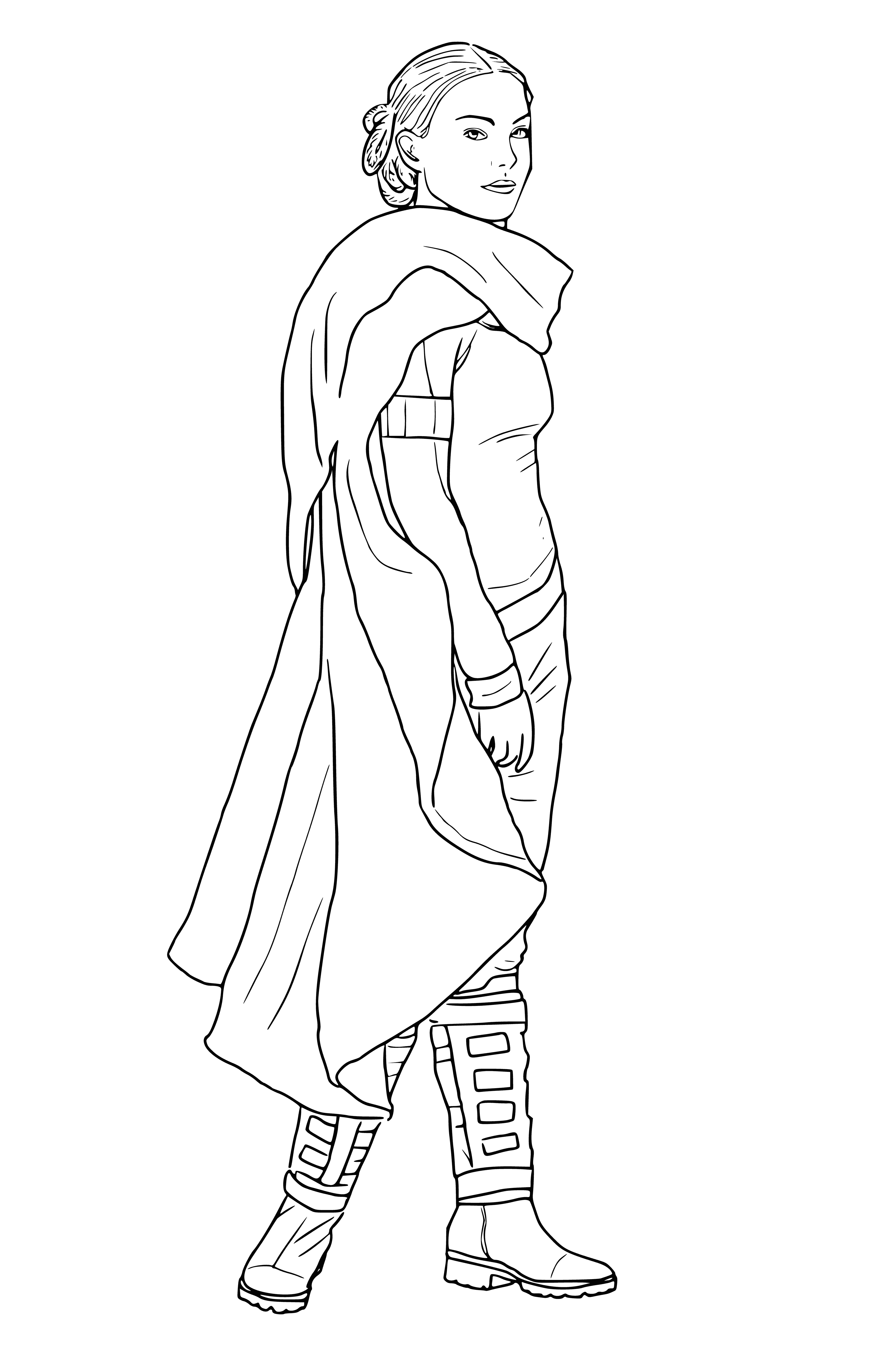 coloring page: Coloring page of "Star Wars: Episode II - Attack of the Clones": Padme Amidala in fighting stance with blaster, stars and planets in background, yellow font title.
