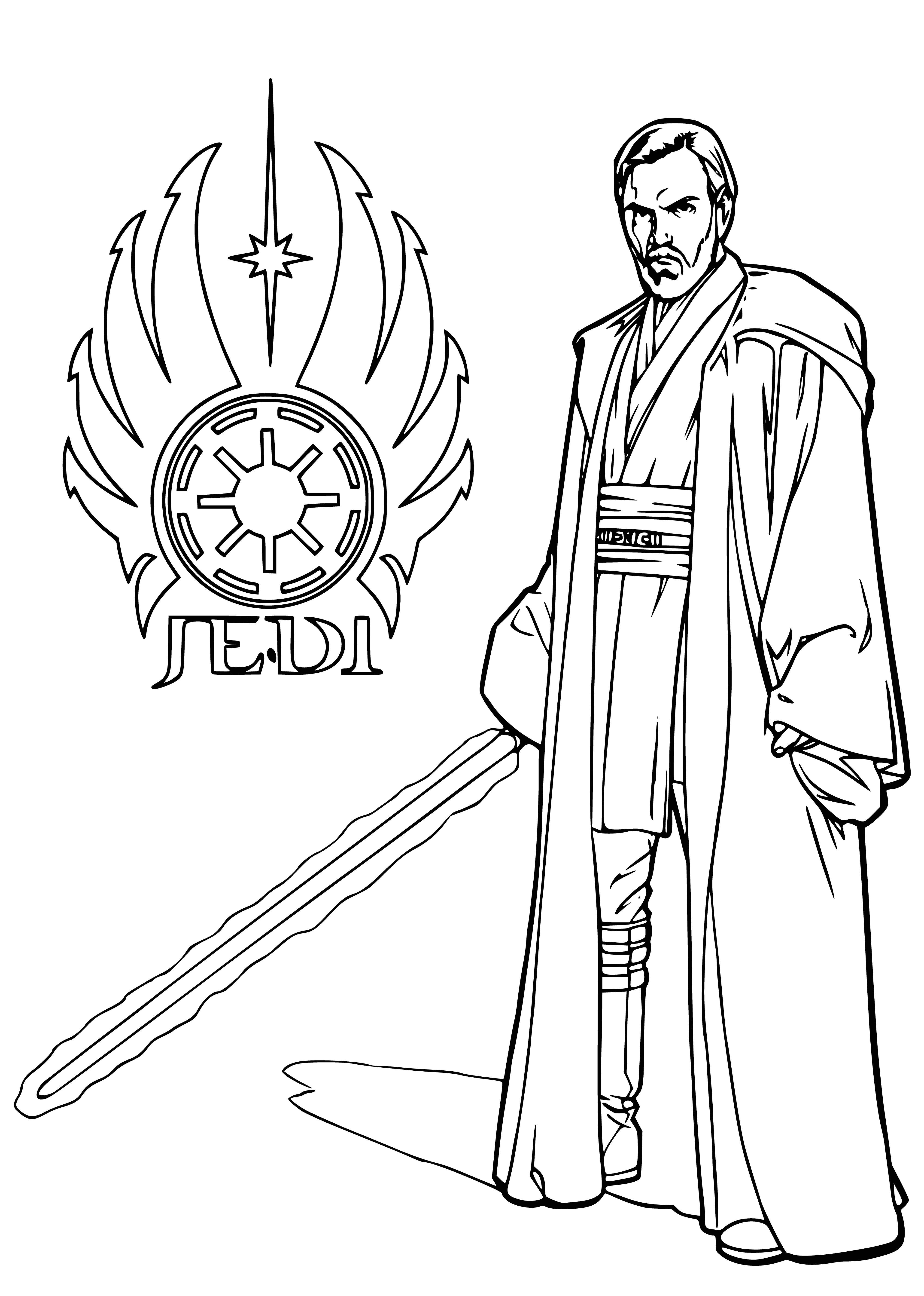 coloring page: Jedi Knight Obi-Wan Kenobi stands on a ship in space, surrounded by clone troopers, lightsaber in hand and prepared for battle.