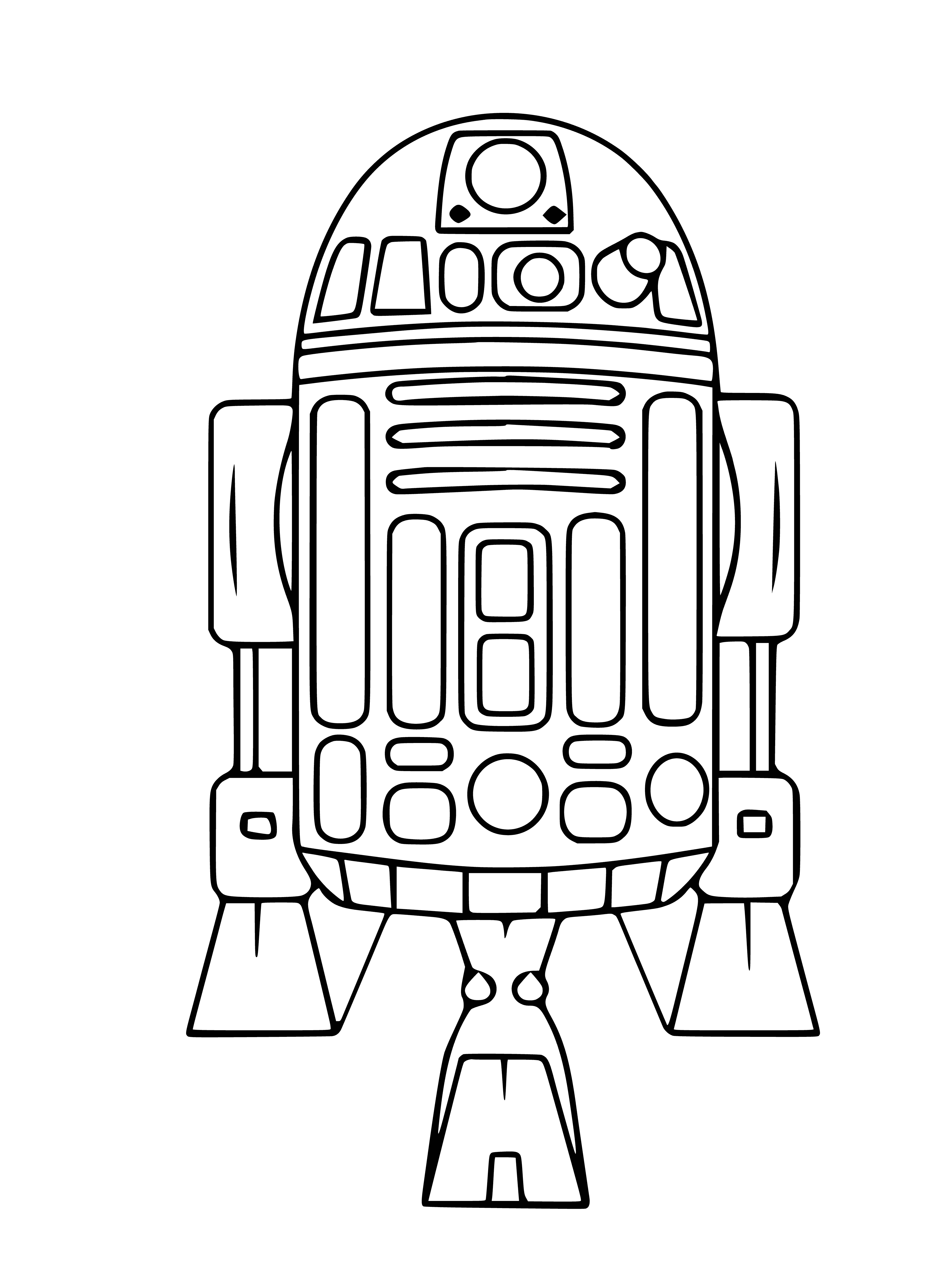 coloring page: R2-D2 stands on a metal platform in a room filled with computers & wires in the Star Wars movie universe. Two clawed arms, a large dome head & a chest control panel make up his shape.