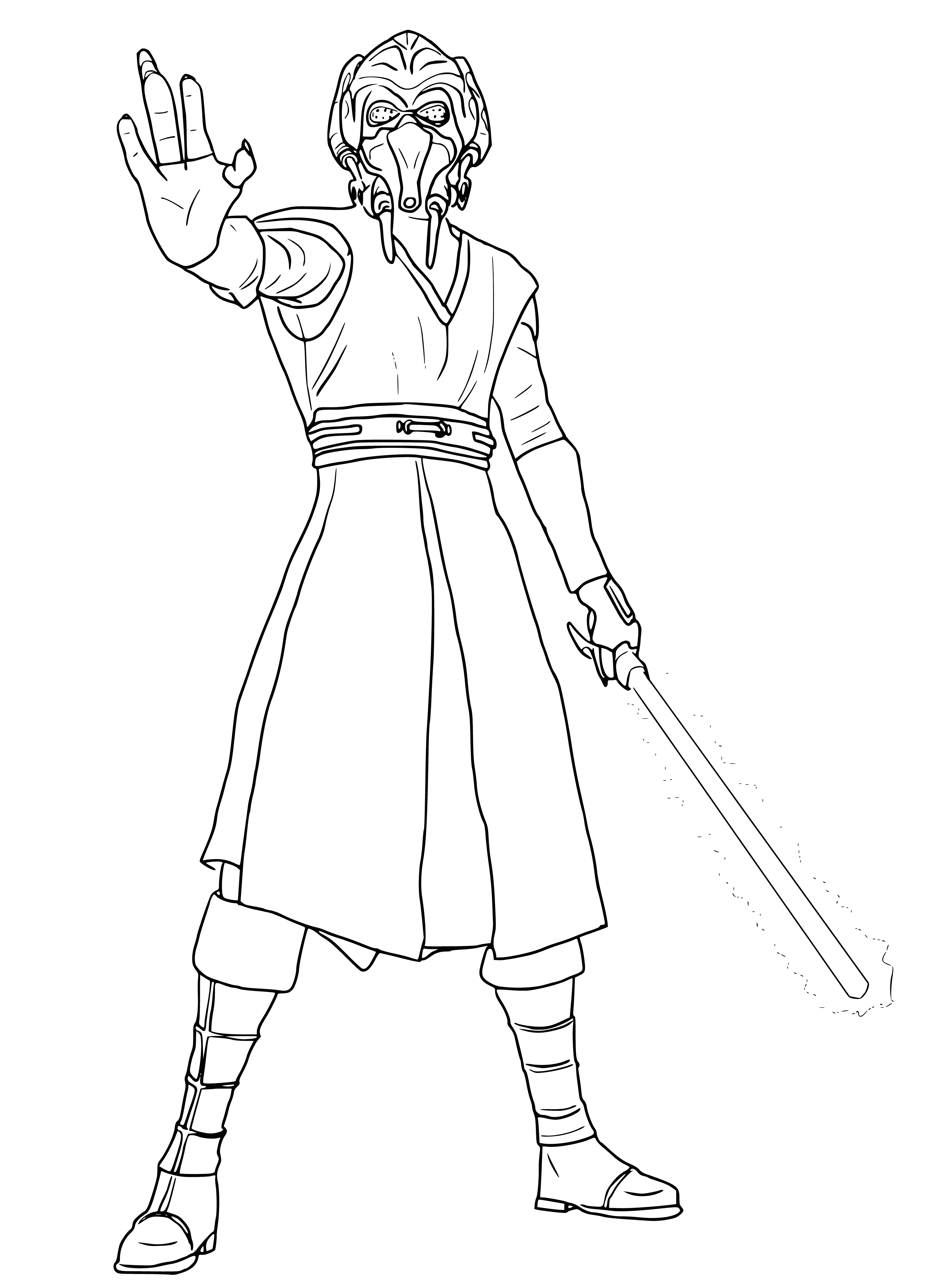 coloring page: Jedi Knight Plo Kun wields a blue lightsaber & stretches his arm towards the starry sky. #StarWars #JediKnight