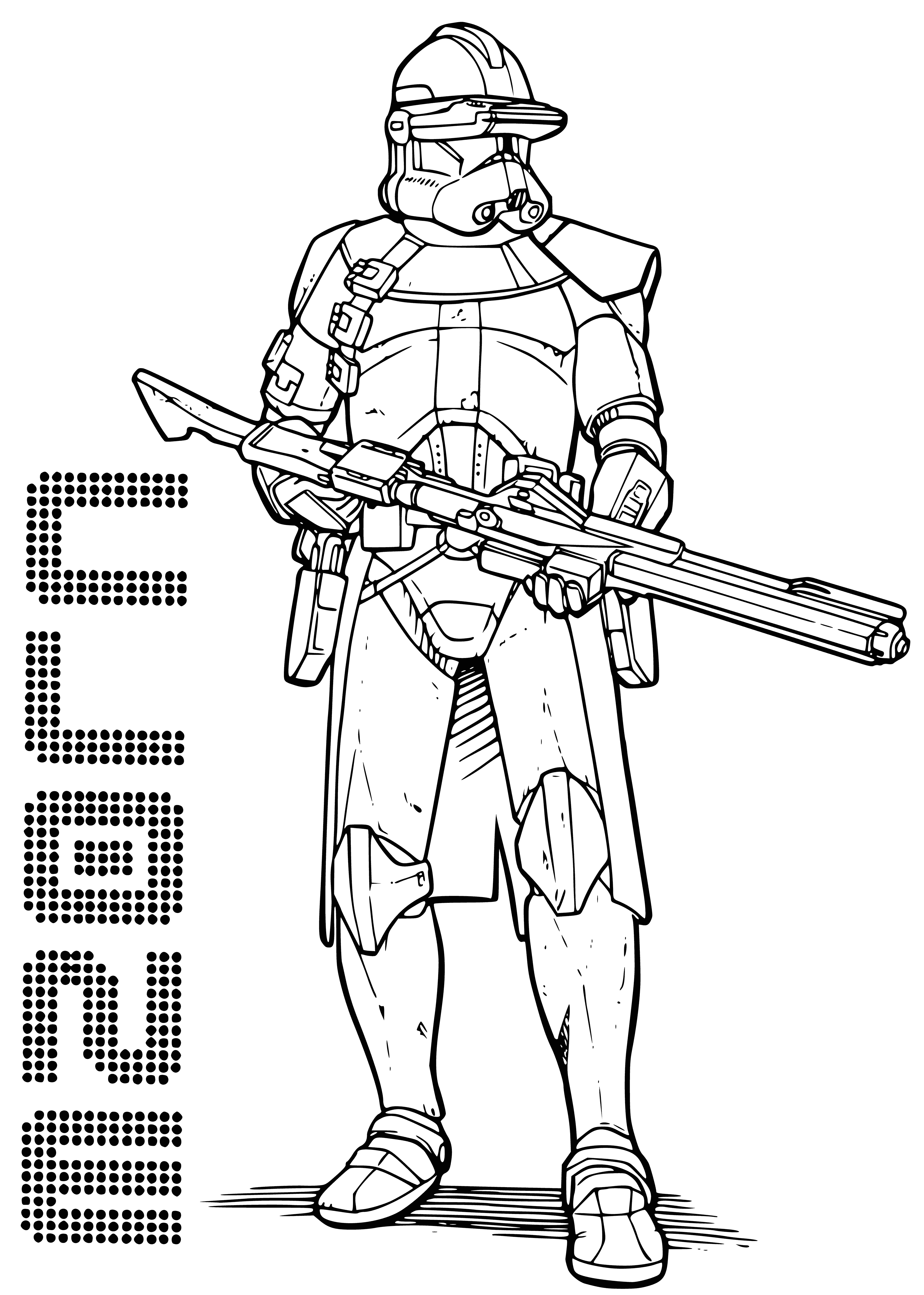coloring page: Clone Commander Cody served the Republic during the Clone Wars, loyal/bravely protecting his men & a skilled strategist; under General Obi-Wan Kenobi.