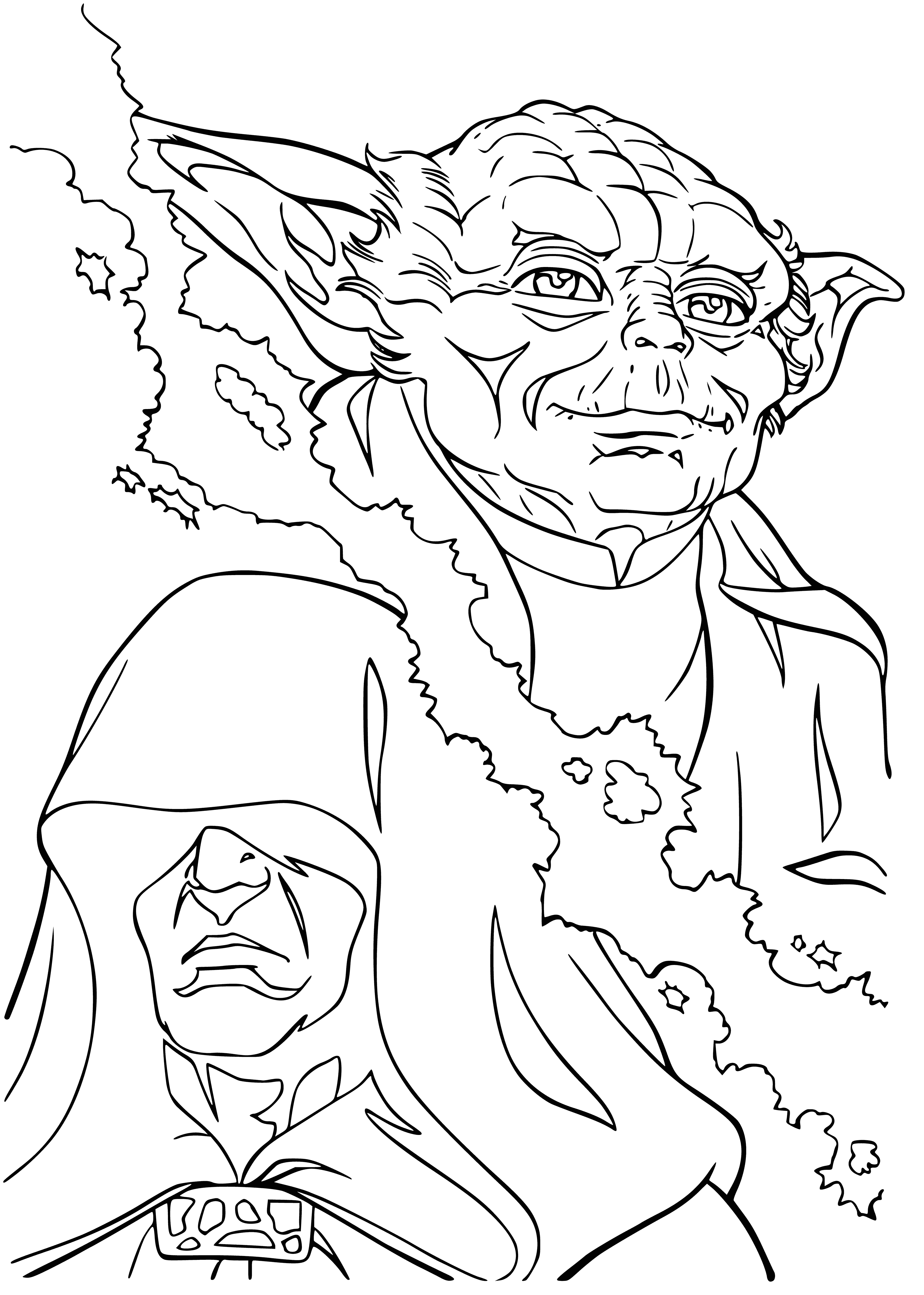 coloring page: Dark forces opposing Yoda, who holds a powerful green lightsaber. Will he prevail?