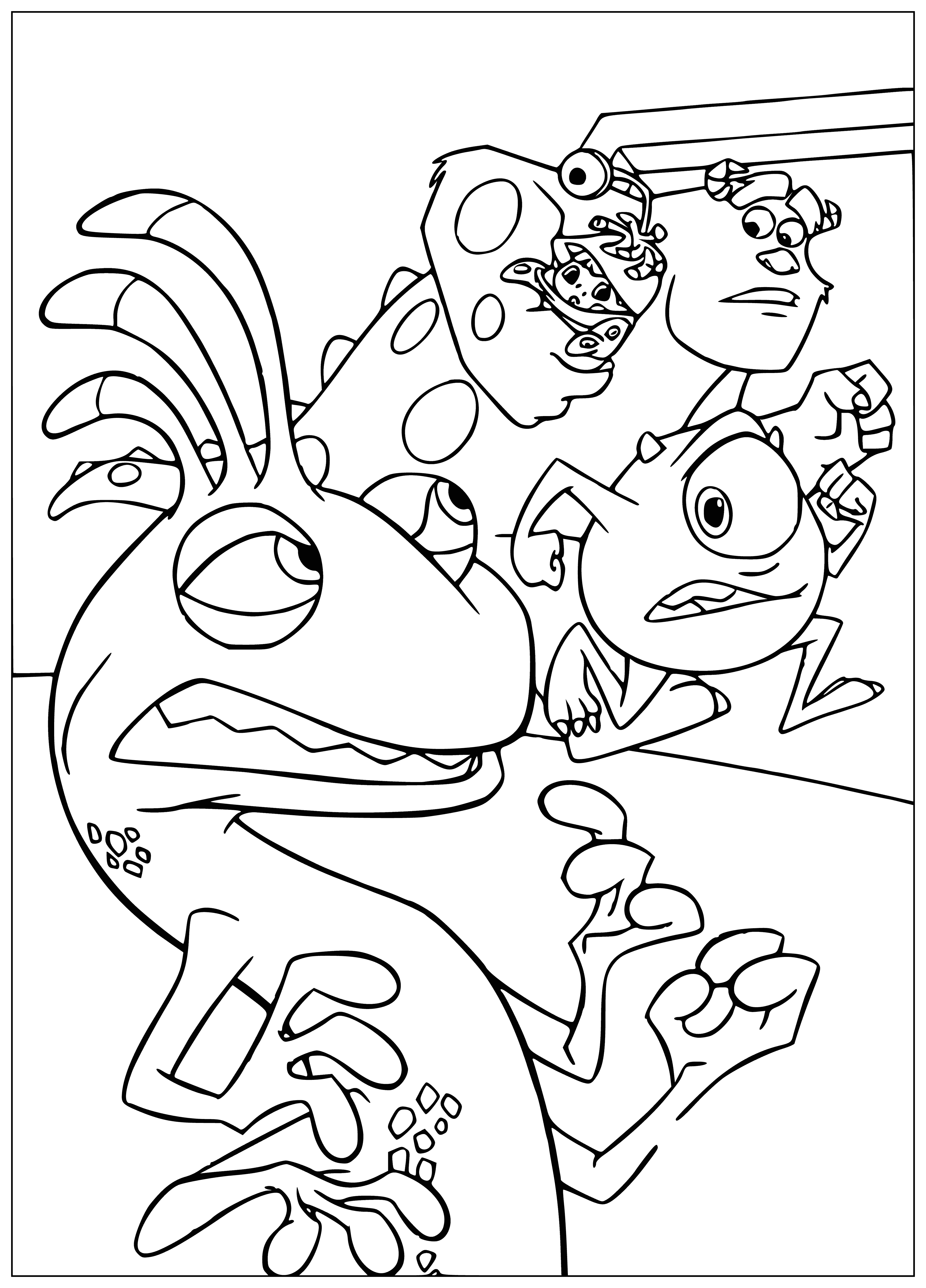 coloring page: Sally and Mike are fleeing Randall, a big, scary monster who's after them. They're running fast and Randall looks angry.