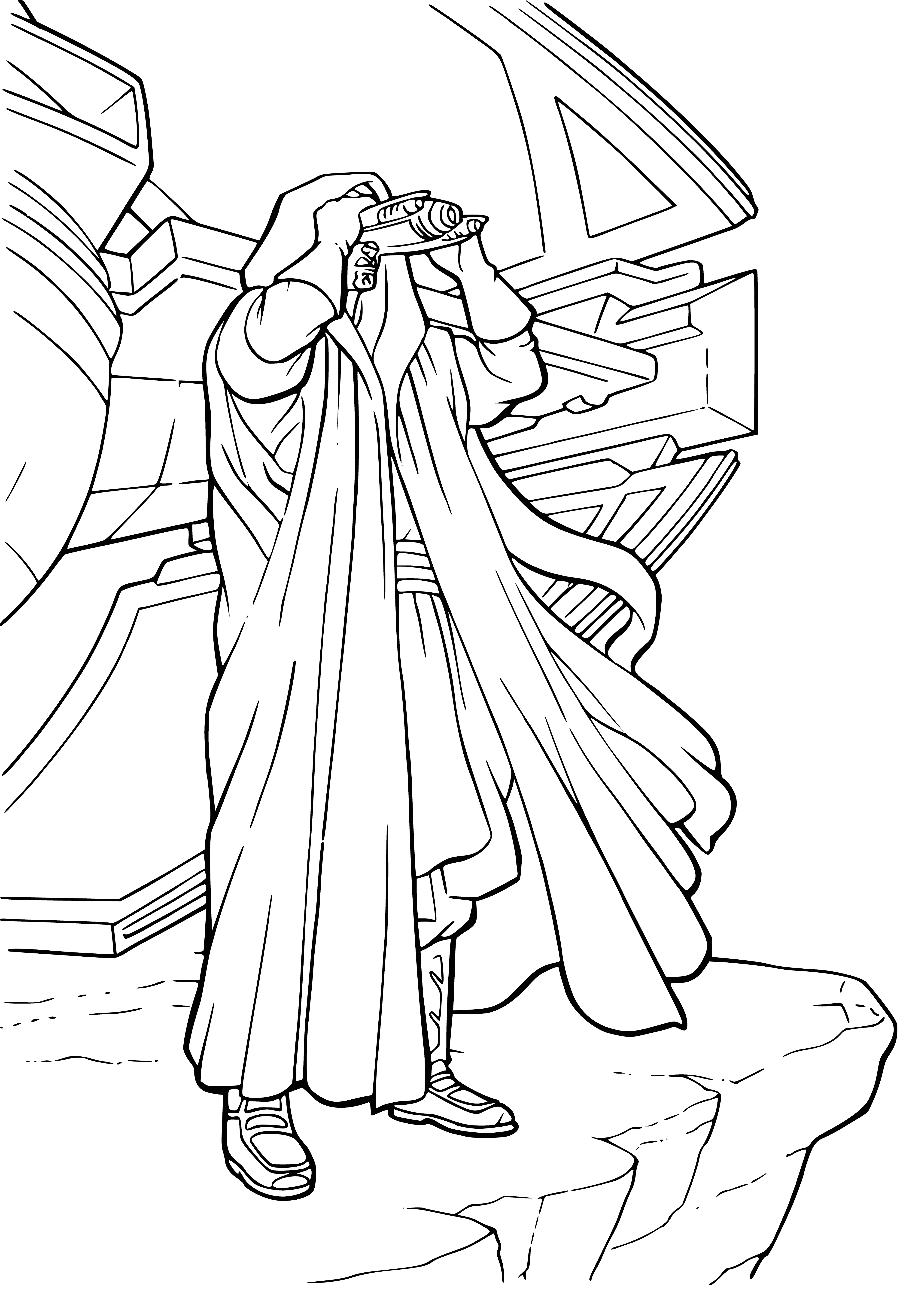 coloring page: Enakin Skywalker stands with a lightsaber in hand & a determined look. Fighting for the fate of the galaxy against a white background. #StarWars #RevengeOfTheSith