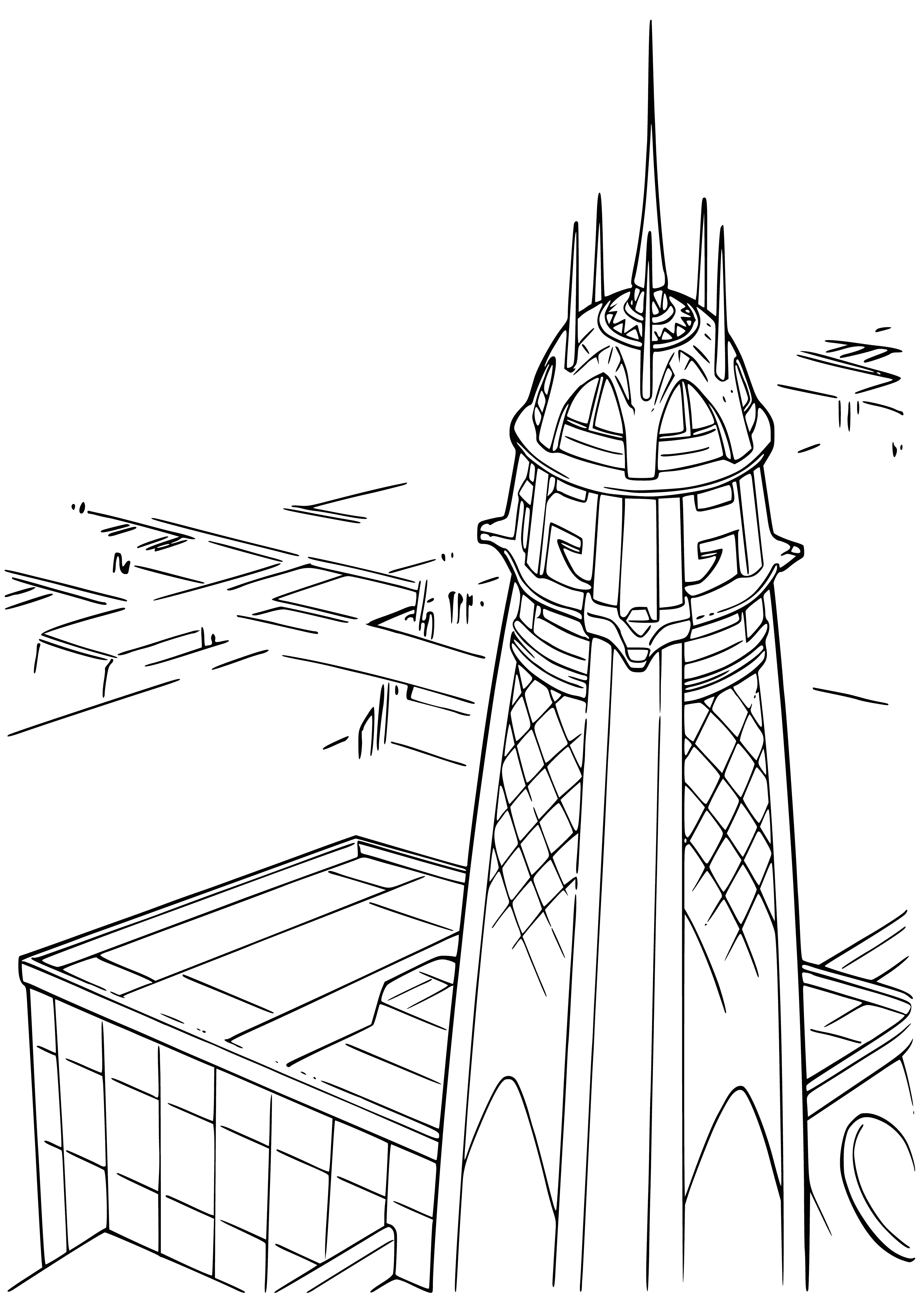 coloring page: Jedi Temple on Coruscant is a vast, imposing structure with tall spires & windows, the headquarters of the Jedi Order peacekeepers of the Galactic Republic. Inside is a vast chamber with a balcony for the Jedi Council, the high-ranking Jedi who make decisions.