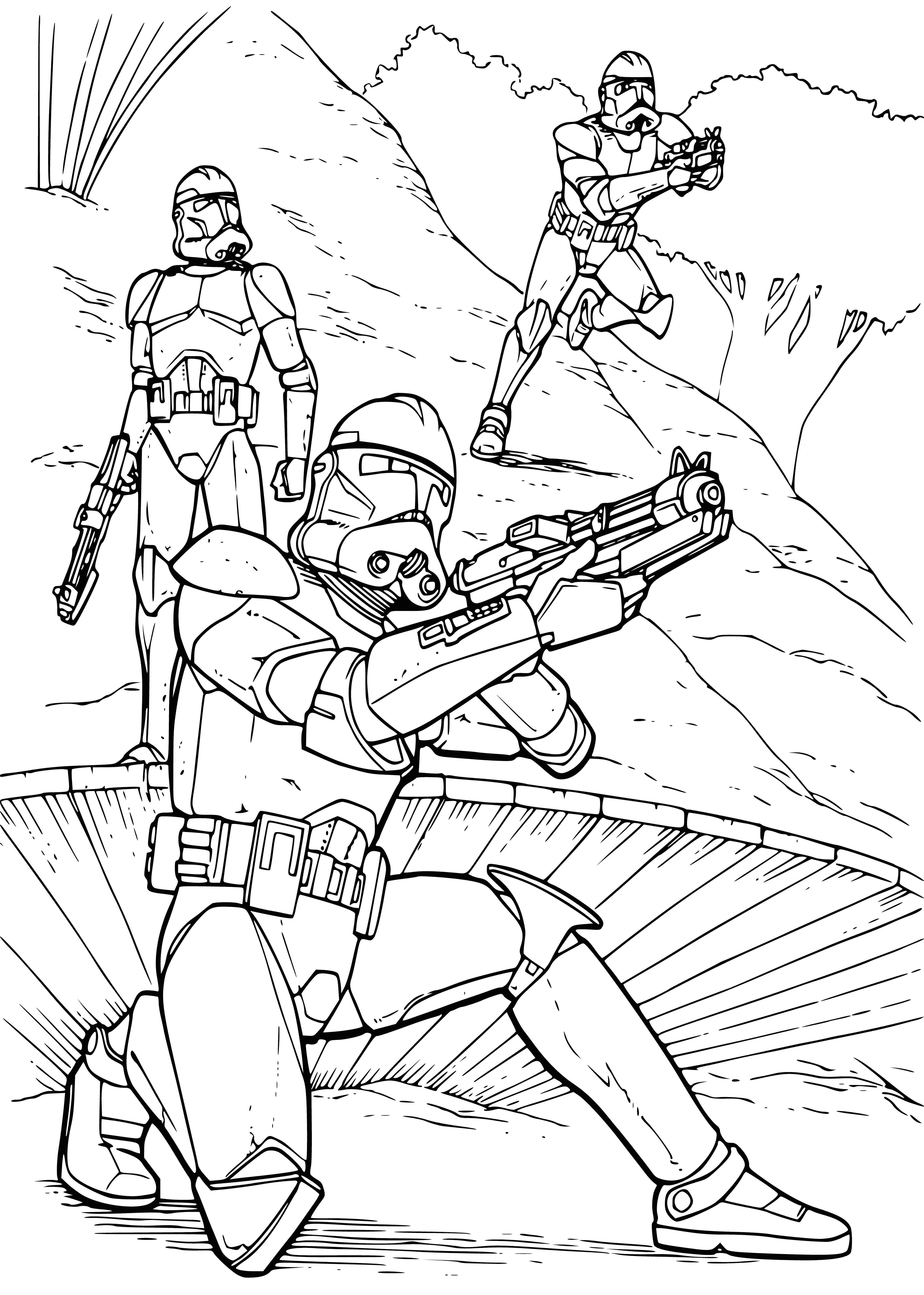 coloring page: Stormtroopers in white armor and helmets w/ black visors line up, guns pointed forward.