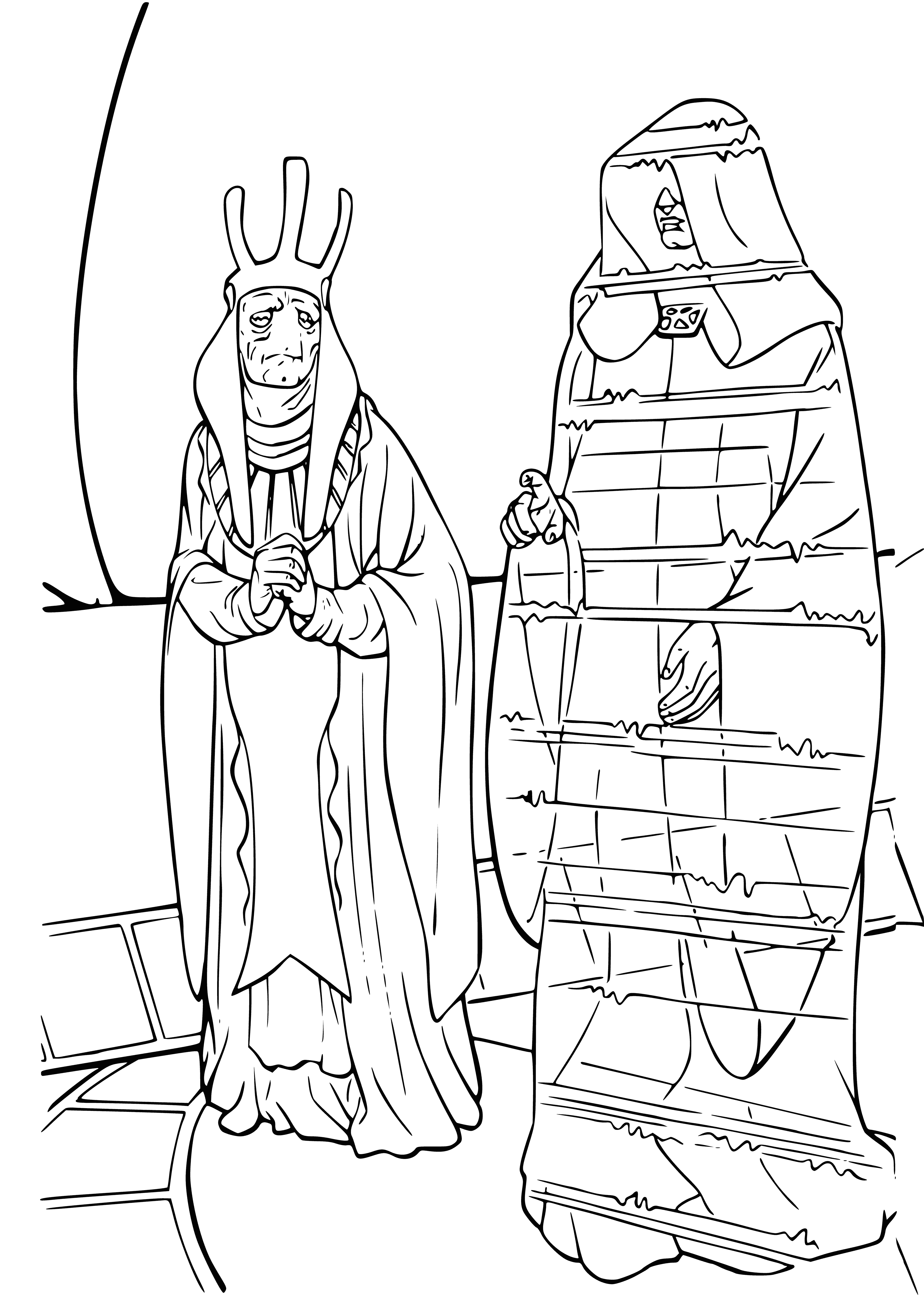 coloring page: Trade Federation reps in dark robes gather round a table with a hologram of a blue-skinned alien in the center. Discussion is serious.
