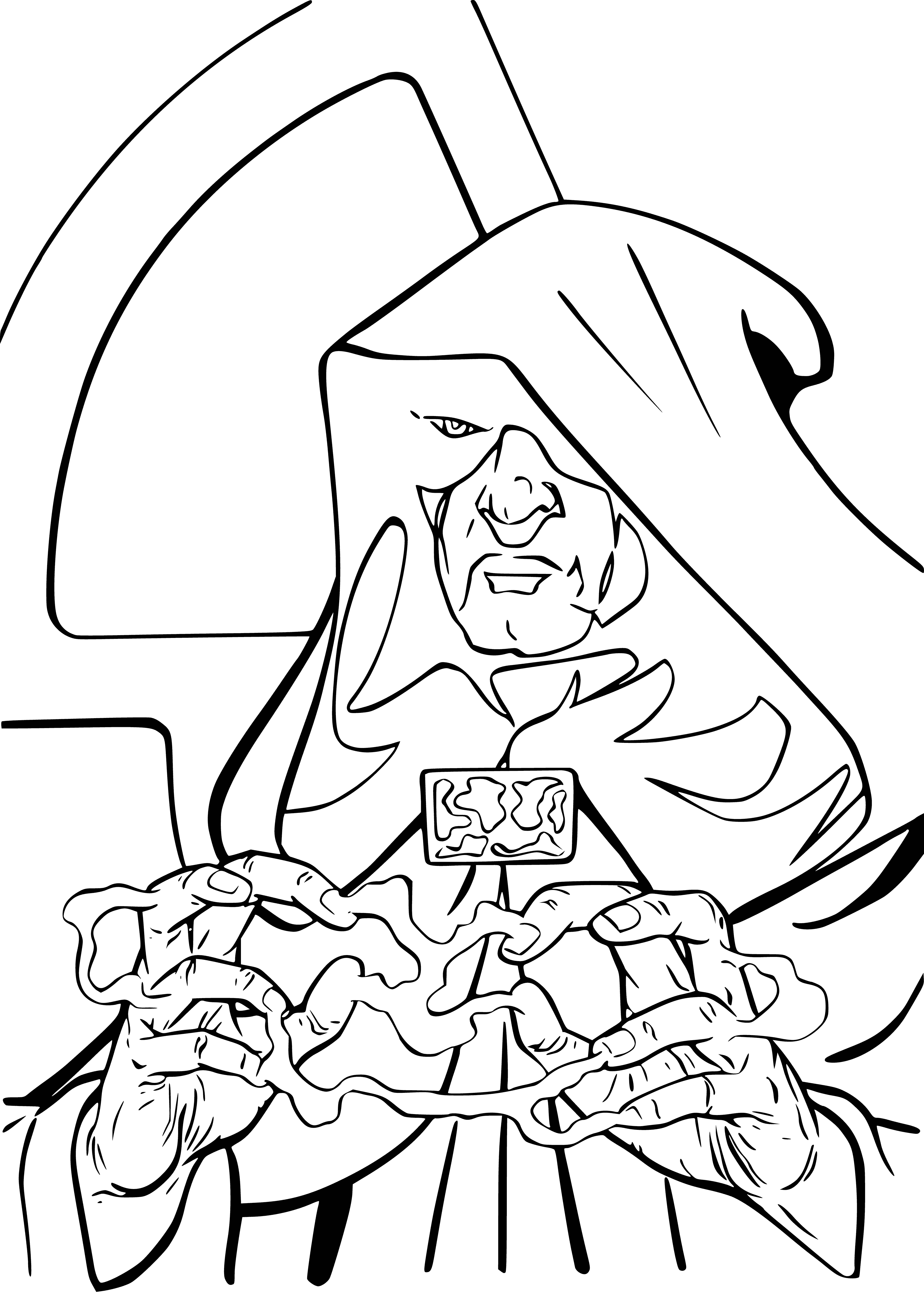 coloring page: Palpatine and two clone troopers stand in window overlooking Coruscant. He is an elderly man wearing a black robe, flanked by troopers in white armor, armed with blaster rifles.