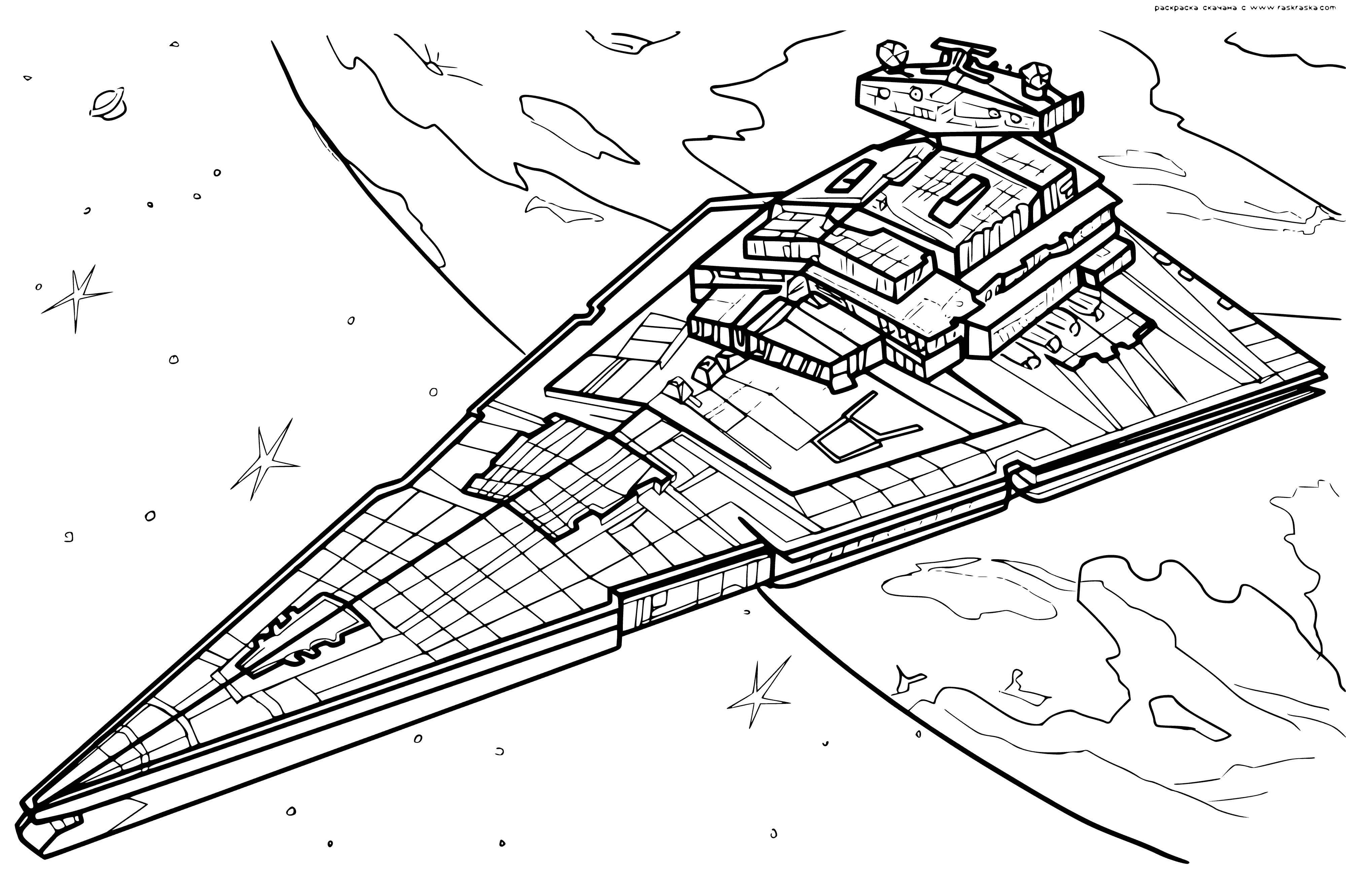 coloring page: Two silver starfighter jets fly in formation above a gray planet, followed by more of their kind.