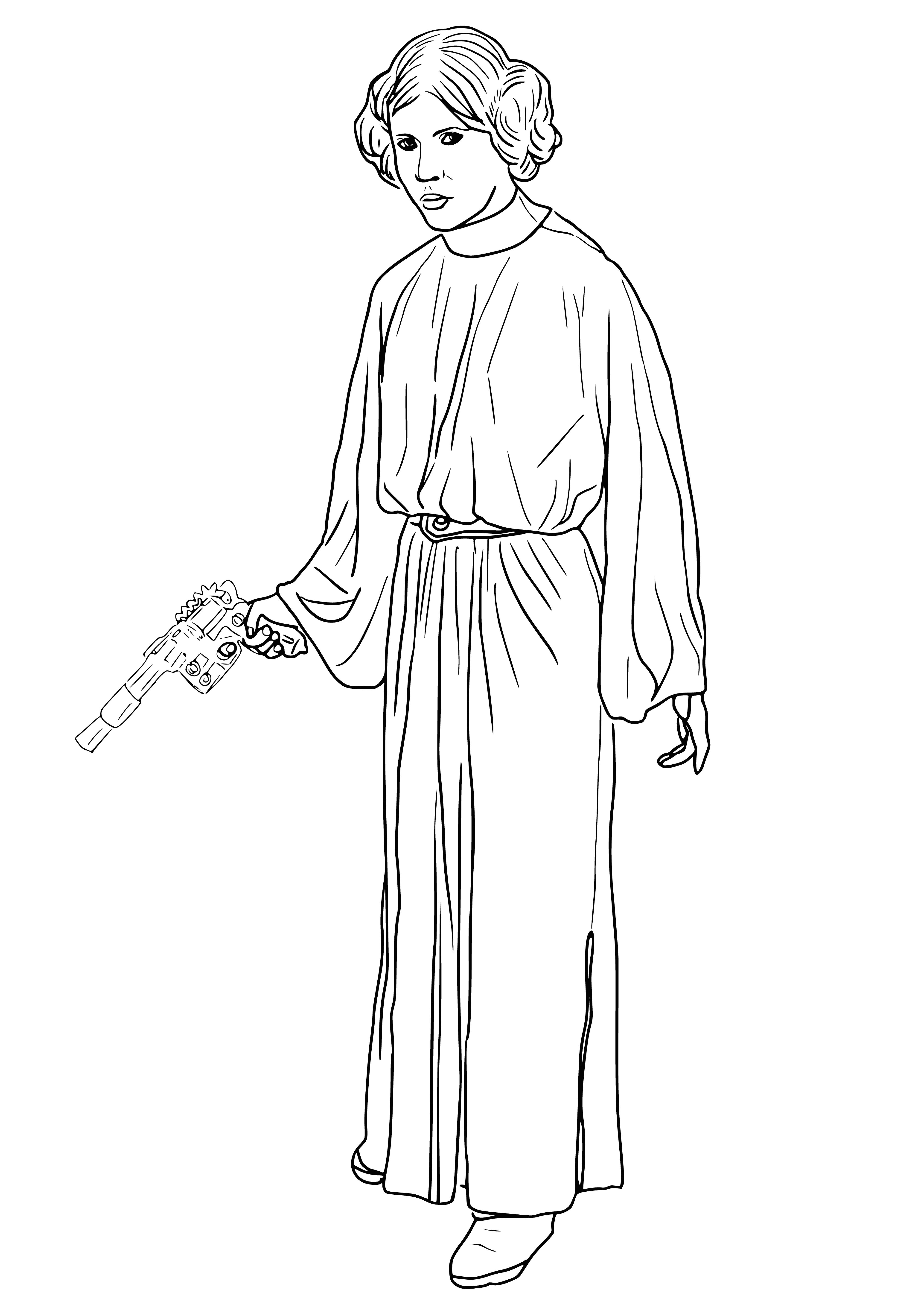 coloring page: Princess Leia stands in the center of a crowd, wearing a light-colored dress and looking off to the side. Her expression is unreadable.