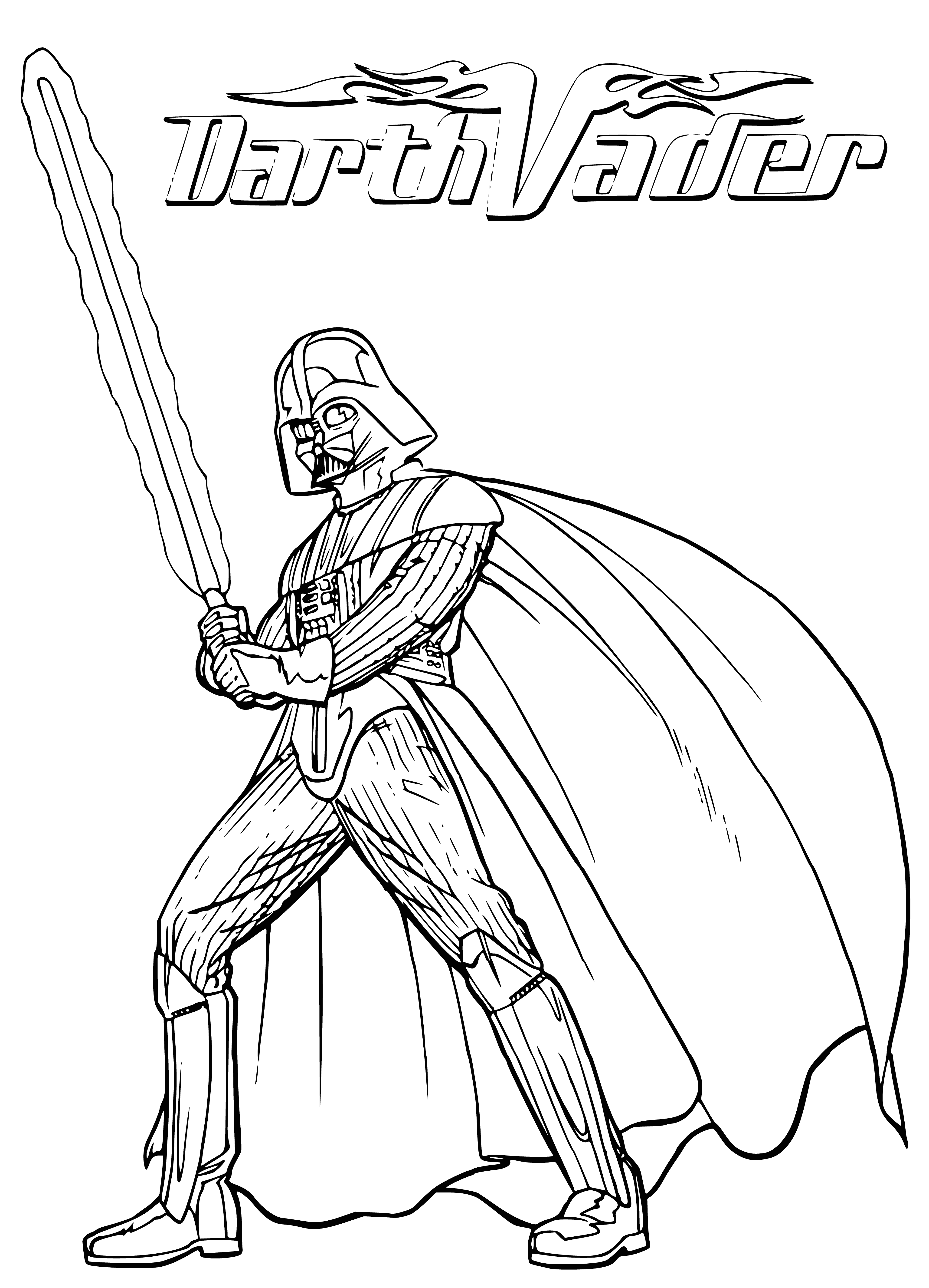 coloring page: Dark-haired man with cape & helmet stands in front of burning building, holding red lightsaber & staring at camera.