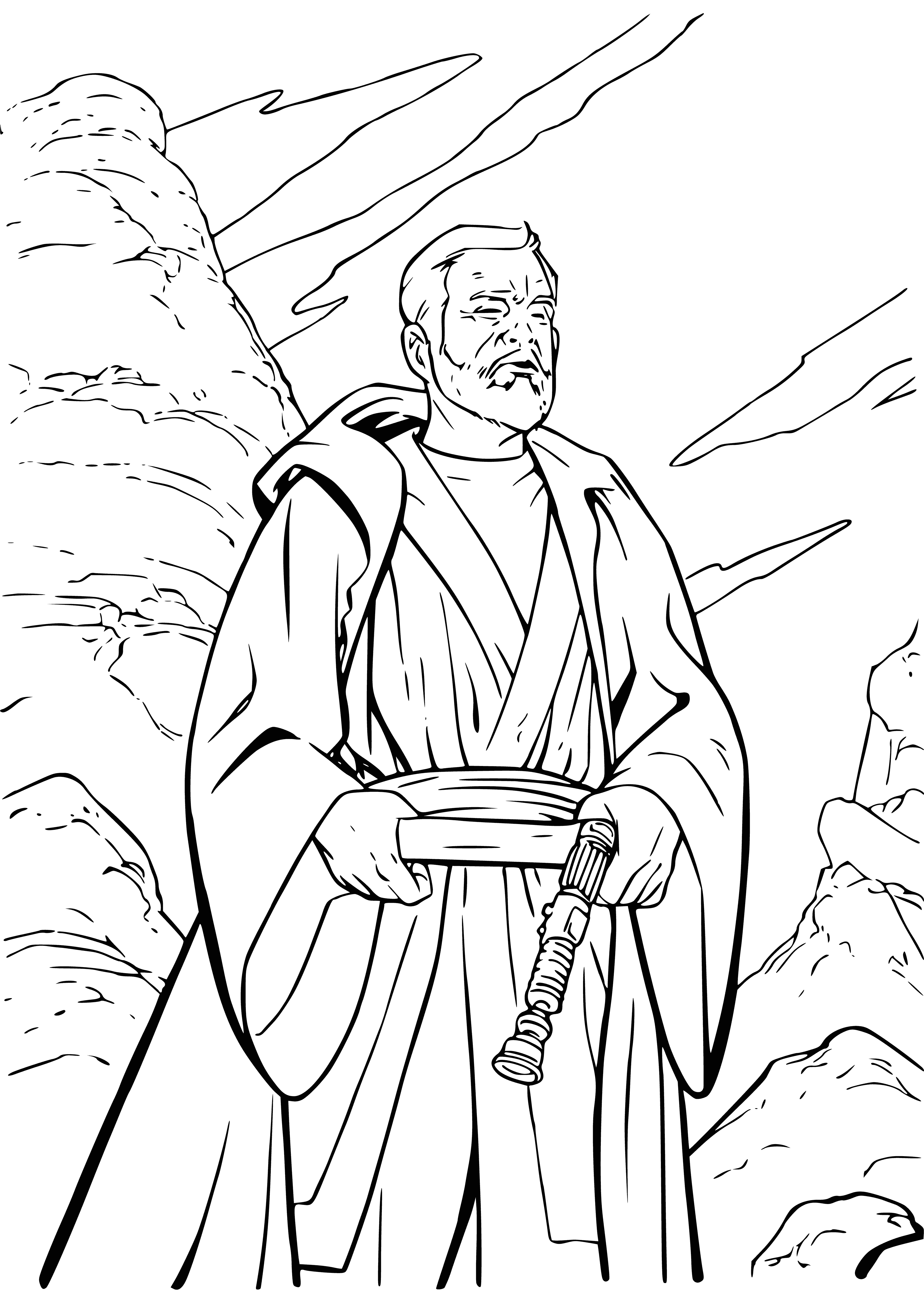 coloring page: Obi-Wan stands in a desert landscape, robed and hooded, with a lightsaber in hand, staring at a twin-sunned planet.