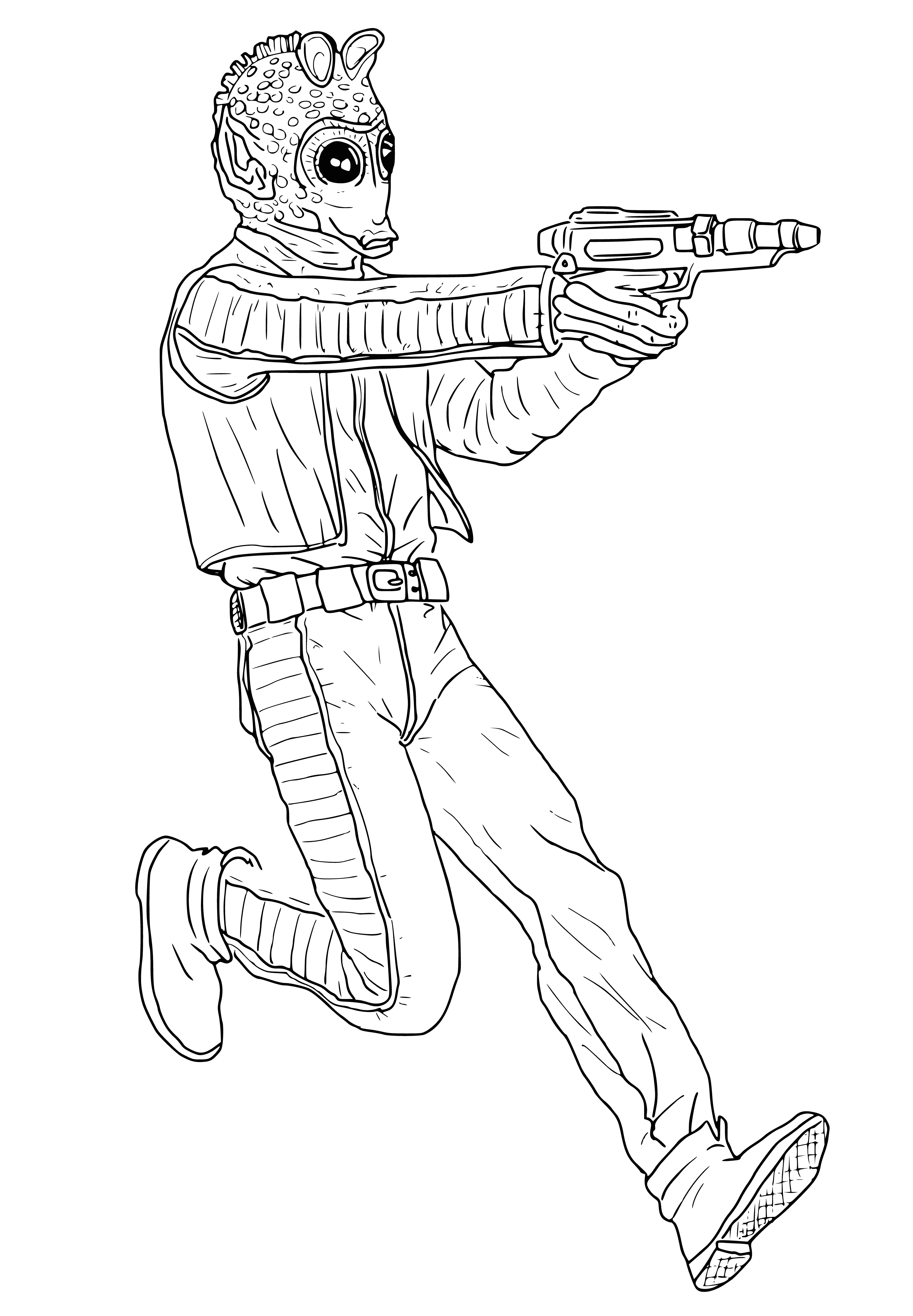 coloring page: A bounty hunter holds a blaster at a hooded figure, who has their hand on their hip.