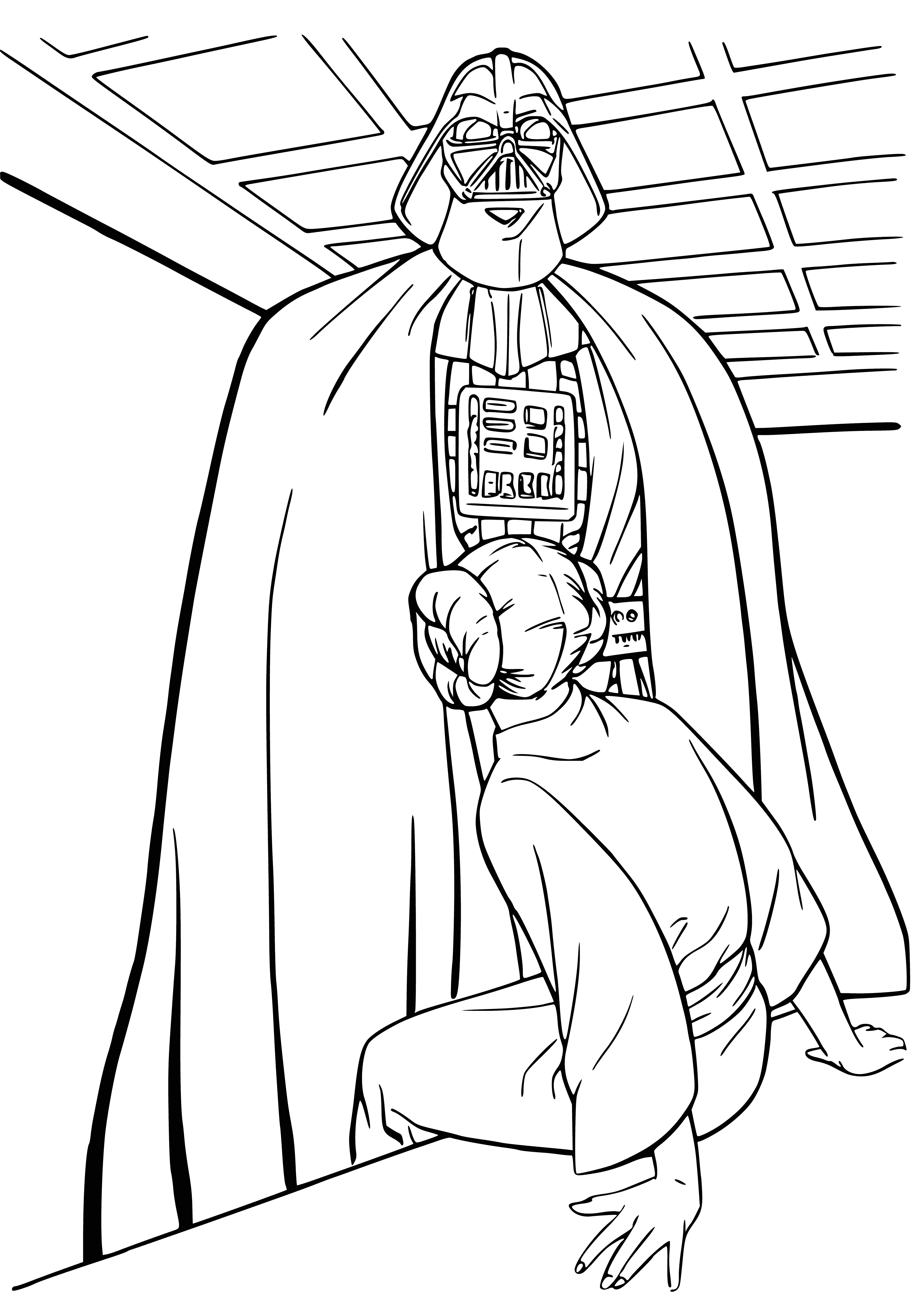 coloring page: Princess Leia stands defiantly before Darth Vader, tall, dark figure in all black with a helmeted face. From Star Wars movie.
