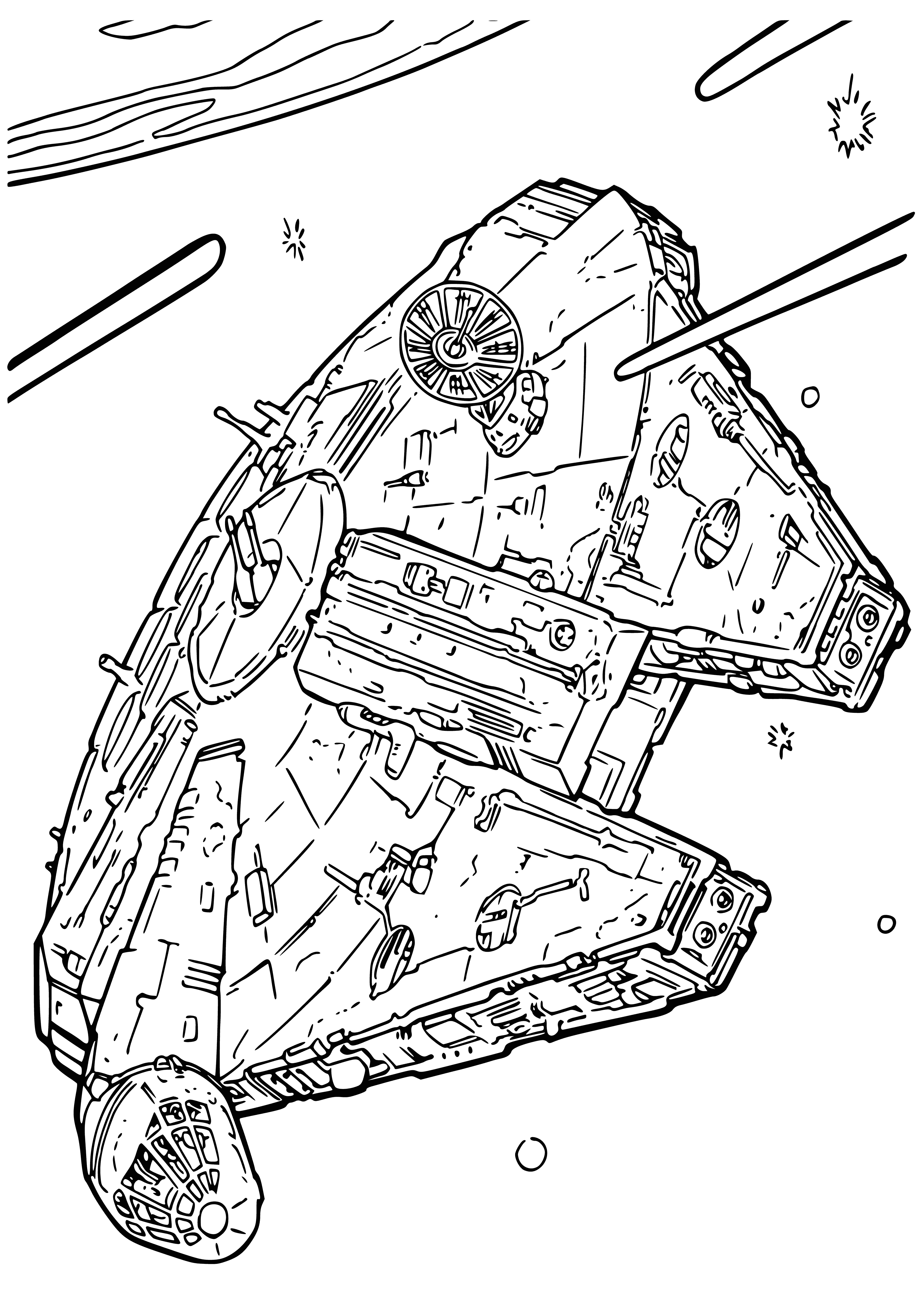 coloring page: The Millennium Falcon is a large, angular vessel piloted by Han Solo in the Star Wars universe. It has several engines and a ramp leading to its hold, where Solo keeps his prized possession.