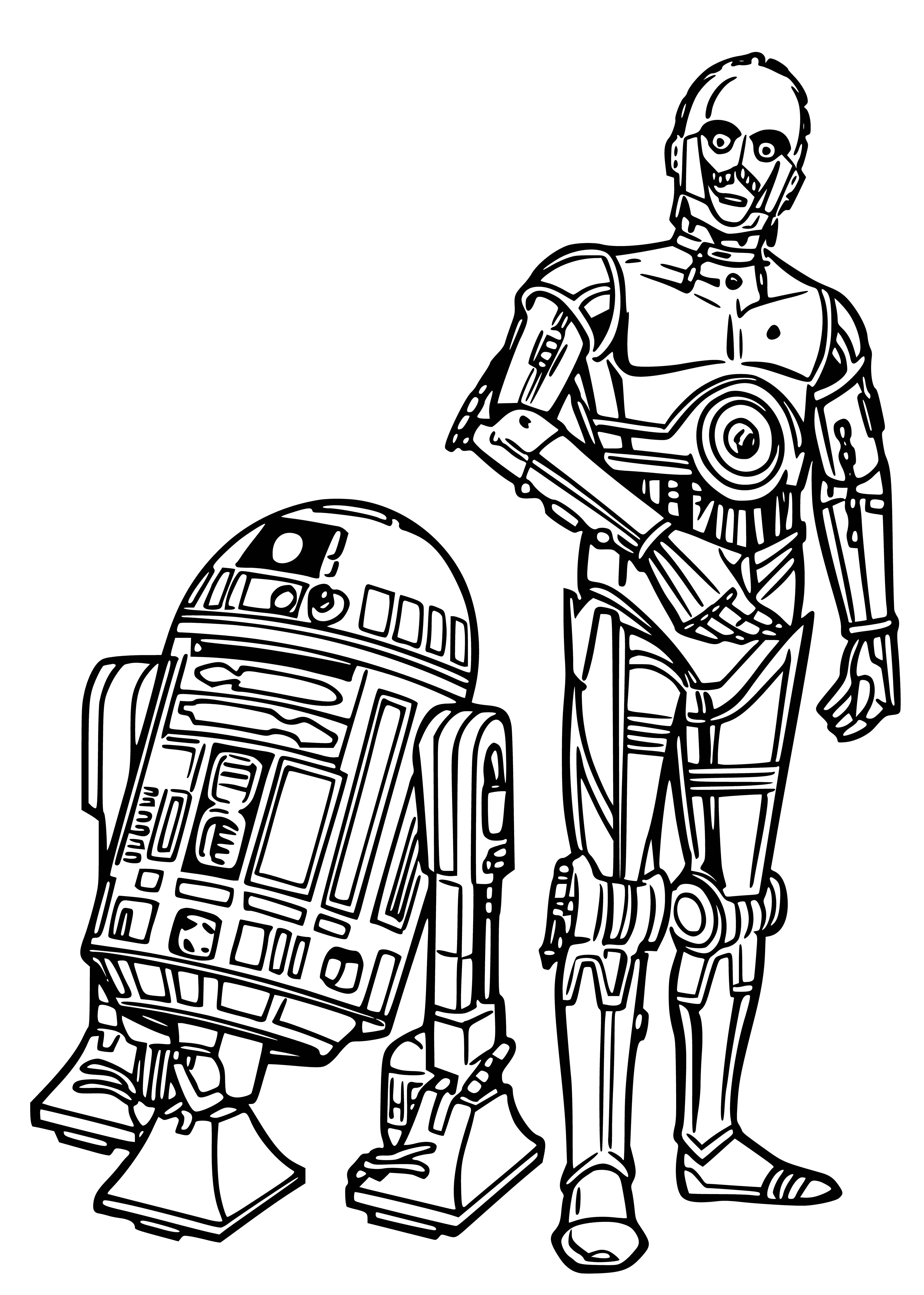 coloring page: Two Star Wars droids, R2-D2 & C-3PO, standing together, eyes closed, arms extended & at side, appear in a coloring page.
