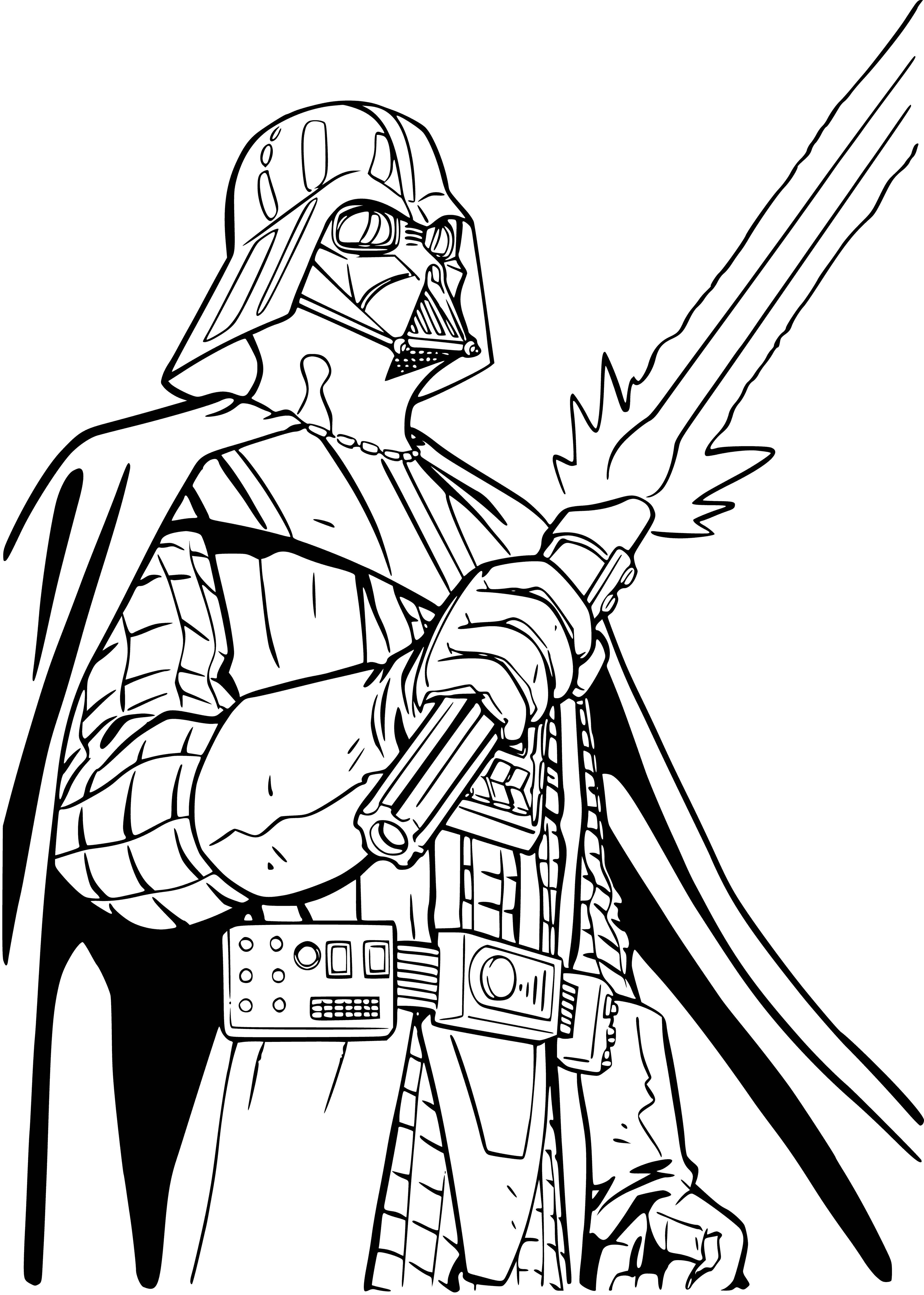 coloring page: Darth Vader, flanked by stormtroopers, commands fear in the Emperor's Palace on Coruscant. His black mask and lightsaber intimidate all who observe him.