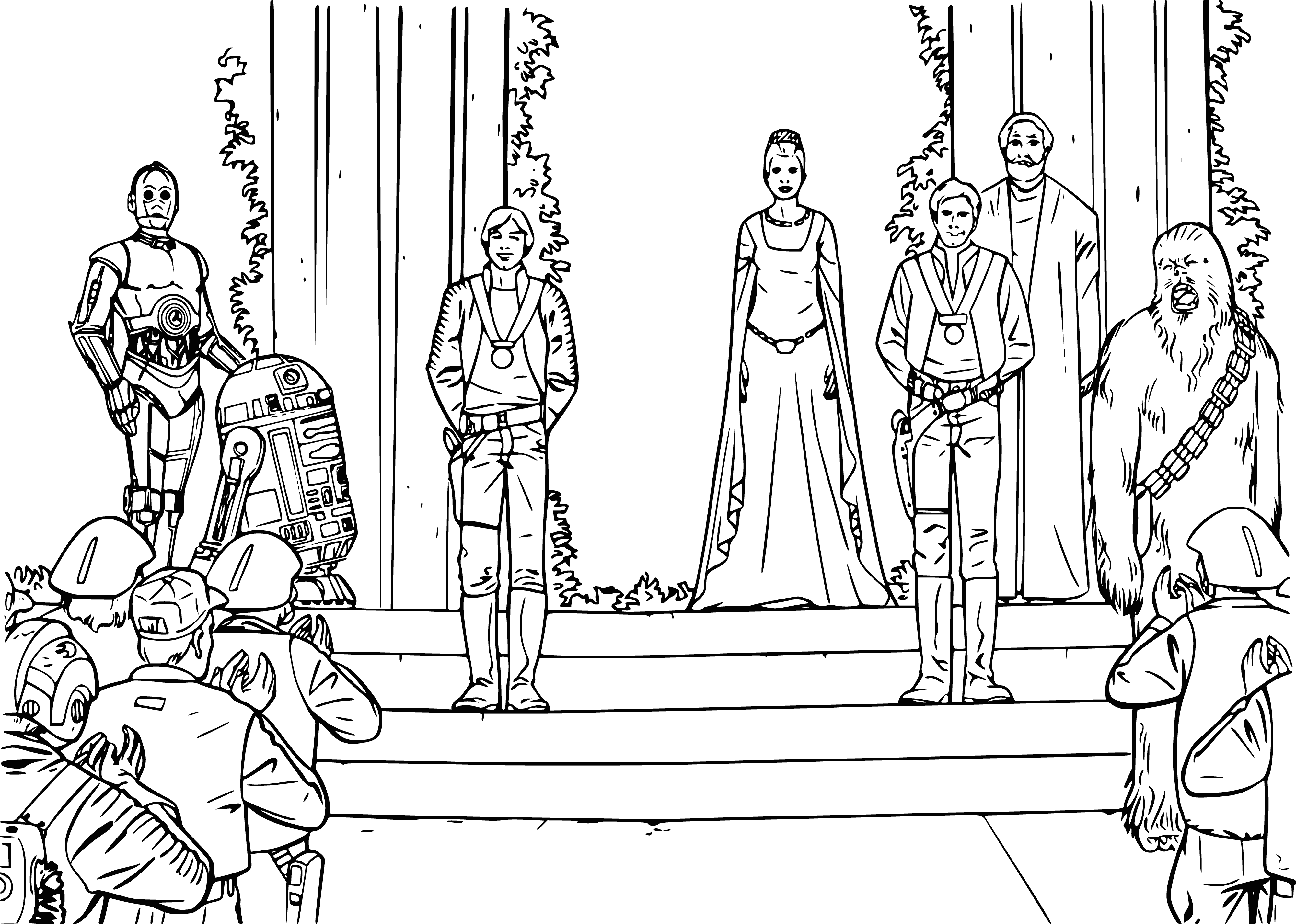 coloring page: Crowds cheering & waving flags in the city, celebrating the figure with a sword in the center. #Celebration