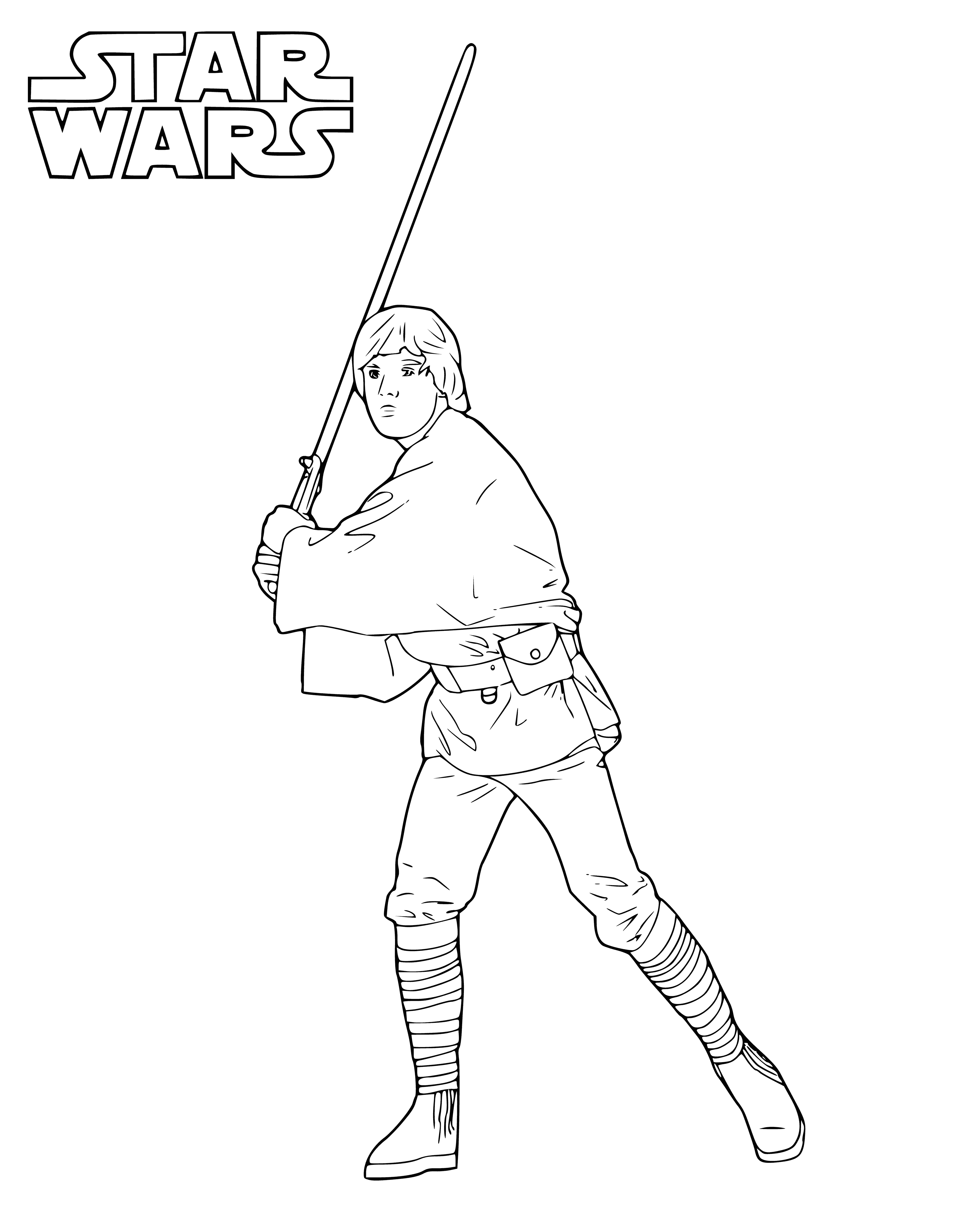coloring page: Luke Skywalker uses his lightsaber to battle the Empire. Surrounded by stormtroopers, he confronts the enemy undaunted. Ready to defeat them and save the day!
