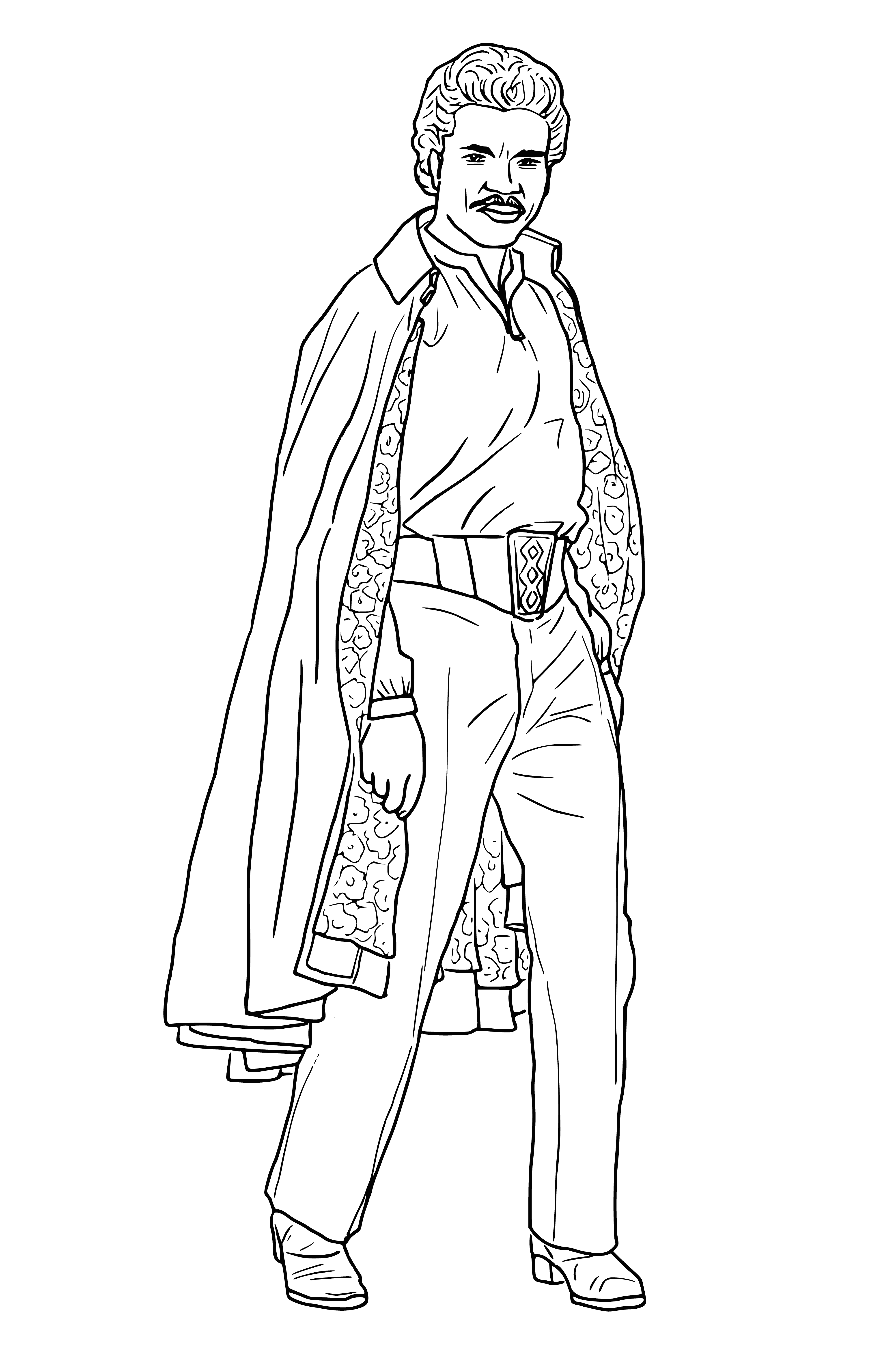 coloring page: Lando stands serious with dark/light outfit & scarf.