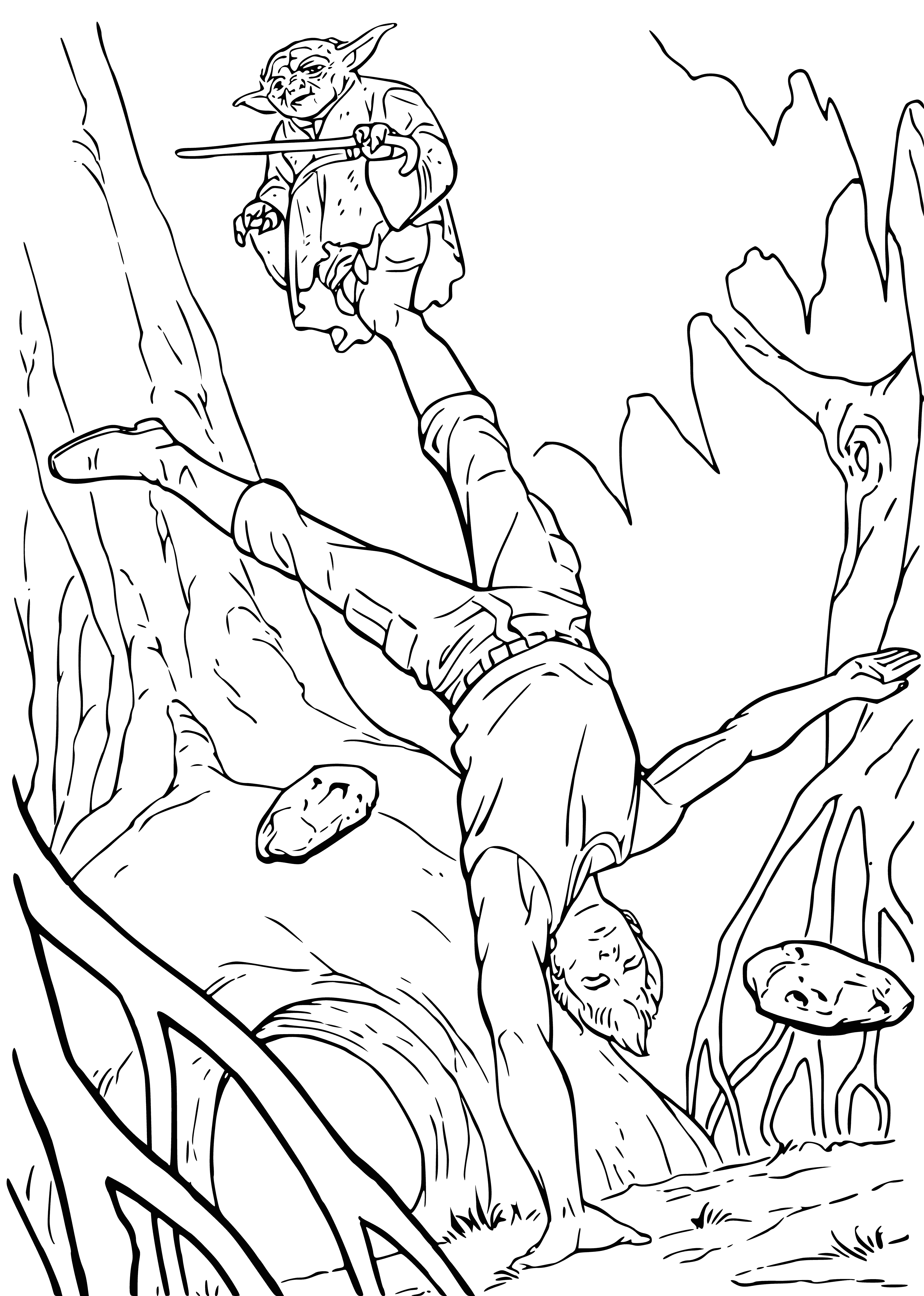 coloring page: Man kneeling on battleground at night, hands clasped, w/fire burning in the distance from a crashed ship.