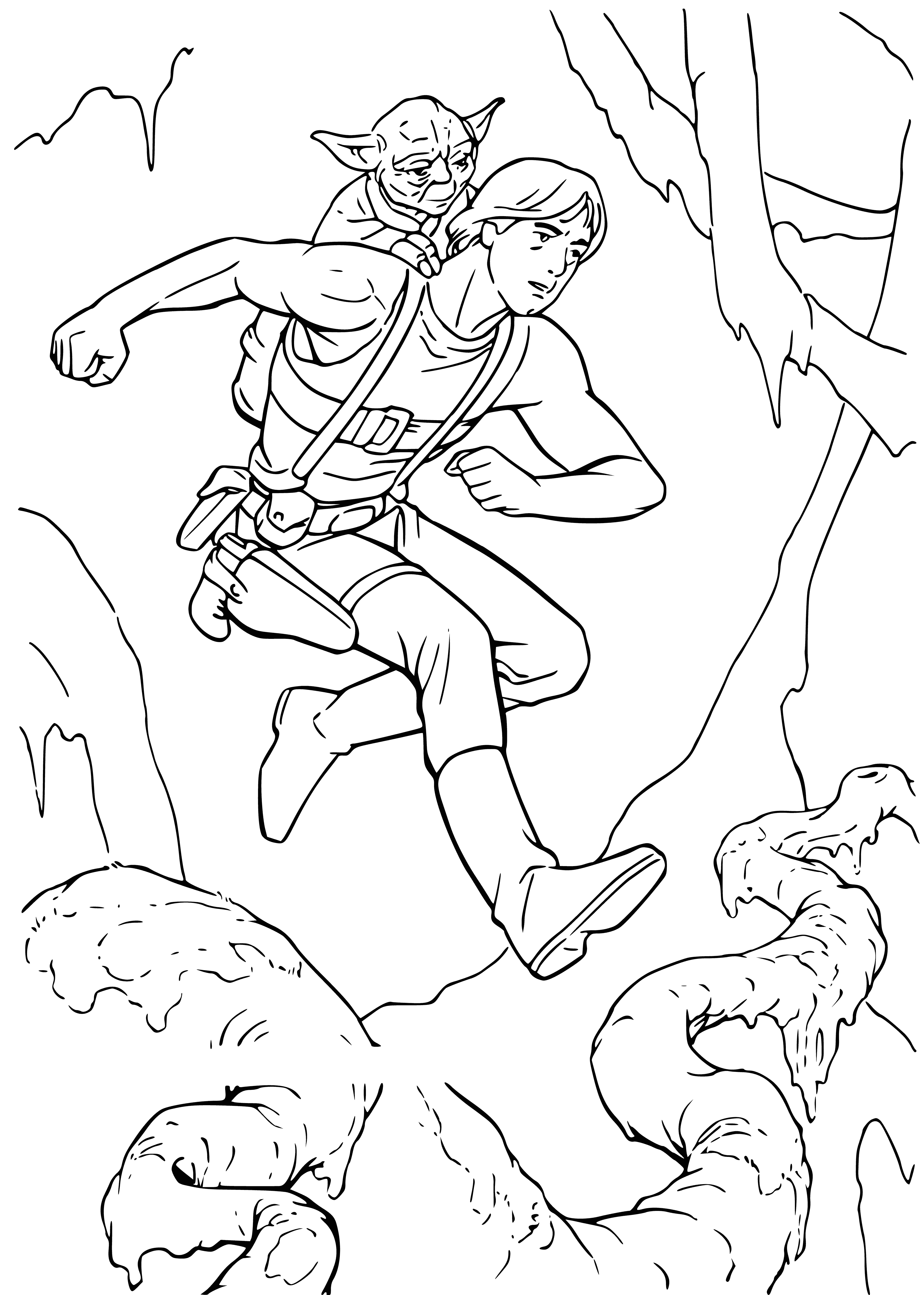 coloring page: Yoda teaches Luke to balance with his lightsaber, while Luke defends himself with blaster bolts. #StarWars #Jedi #Force