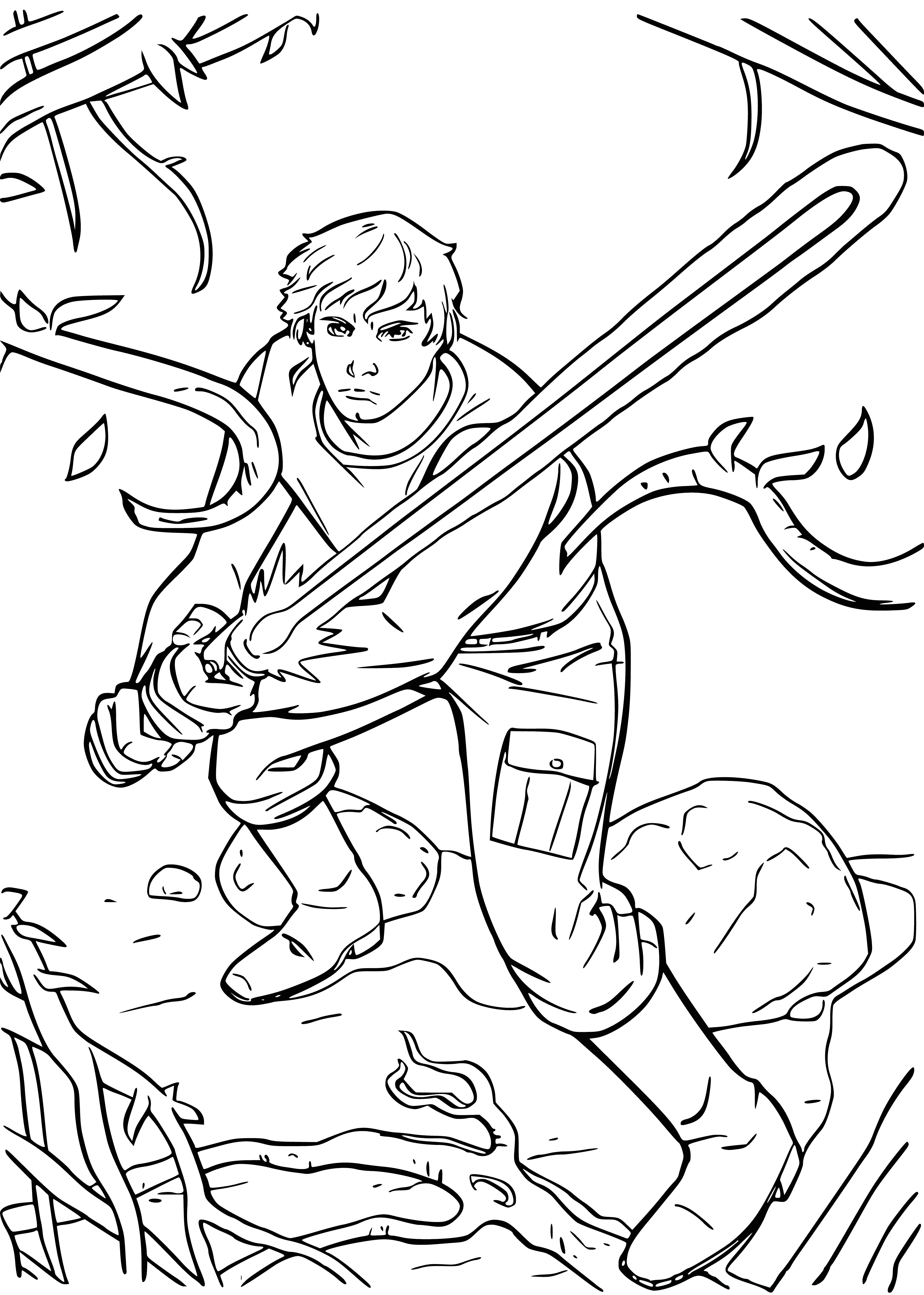 coloring page: Luke Skywalker stands in snow, lightsaber in right hand, ready to fight. Behind him a Star Destroyer looms in the darkness.