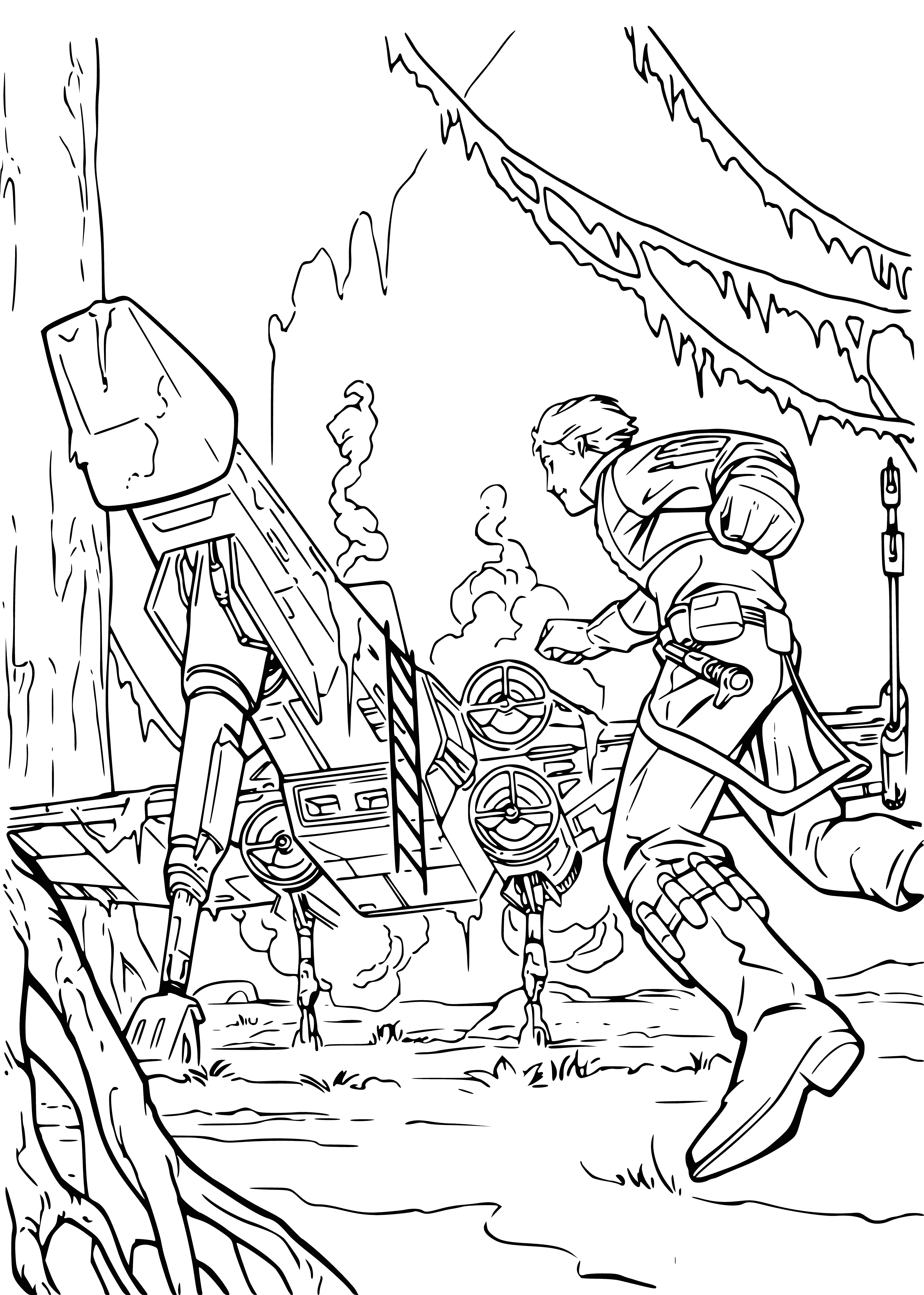 coloring page: Luke Skywalker runs to a spaceship wearing light-colored clothes, his hair blowing in the wind.