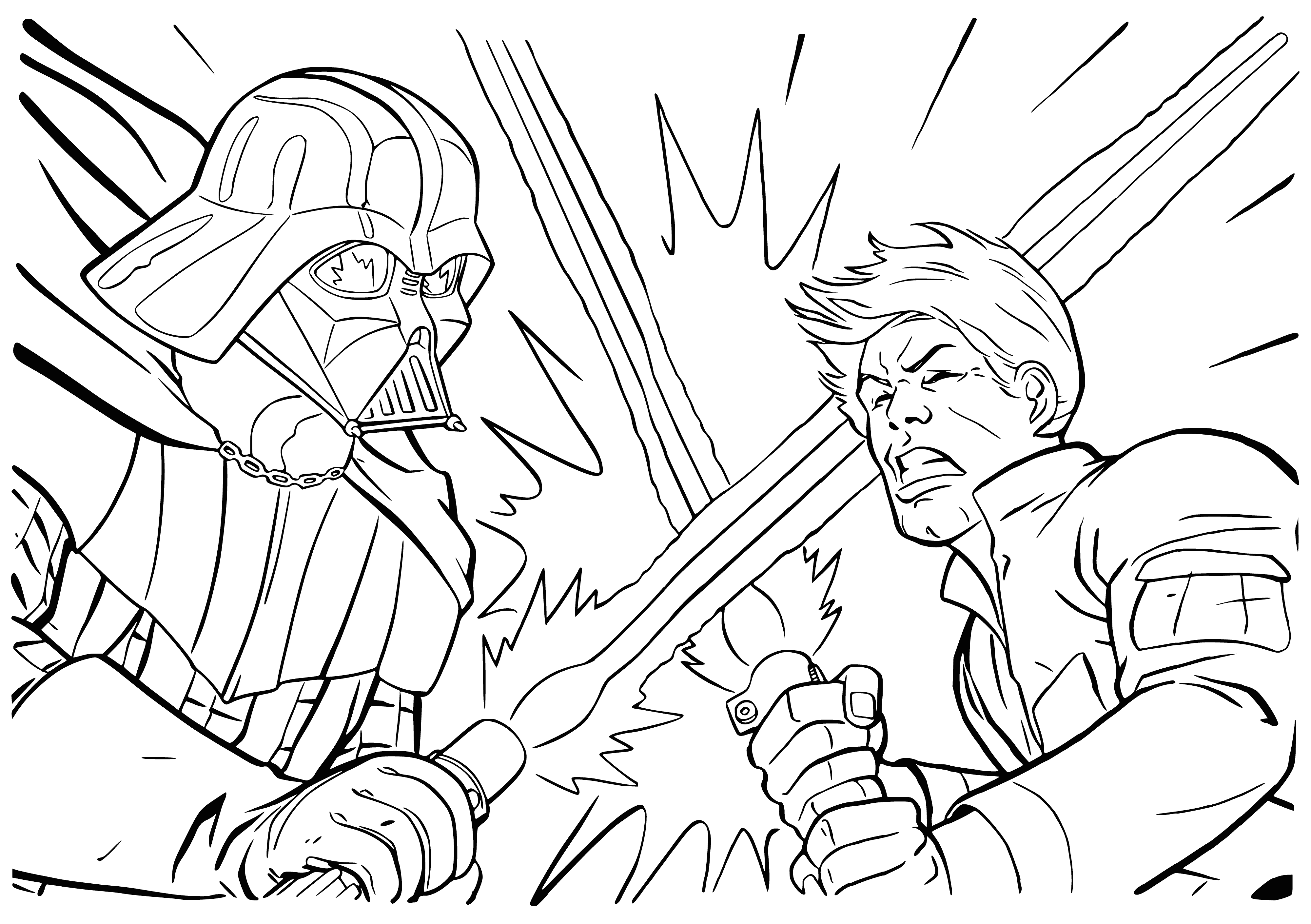 coloring page: Luke and Darth battle with lightsabers; Vader has black one above, Luke has green to the side; both focus intently.