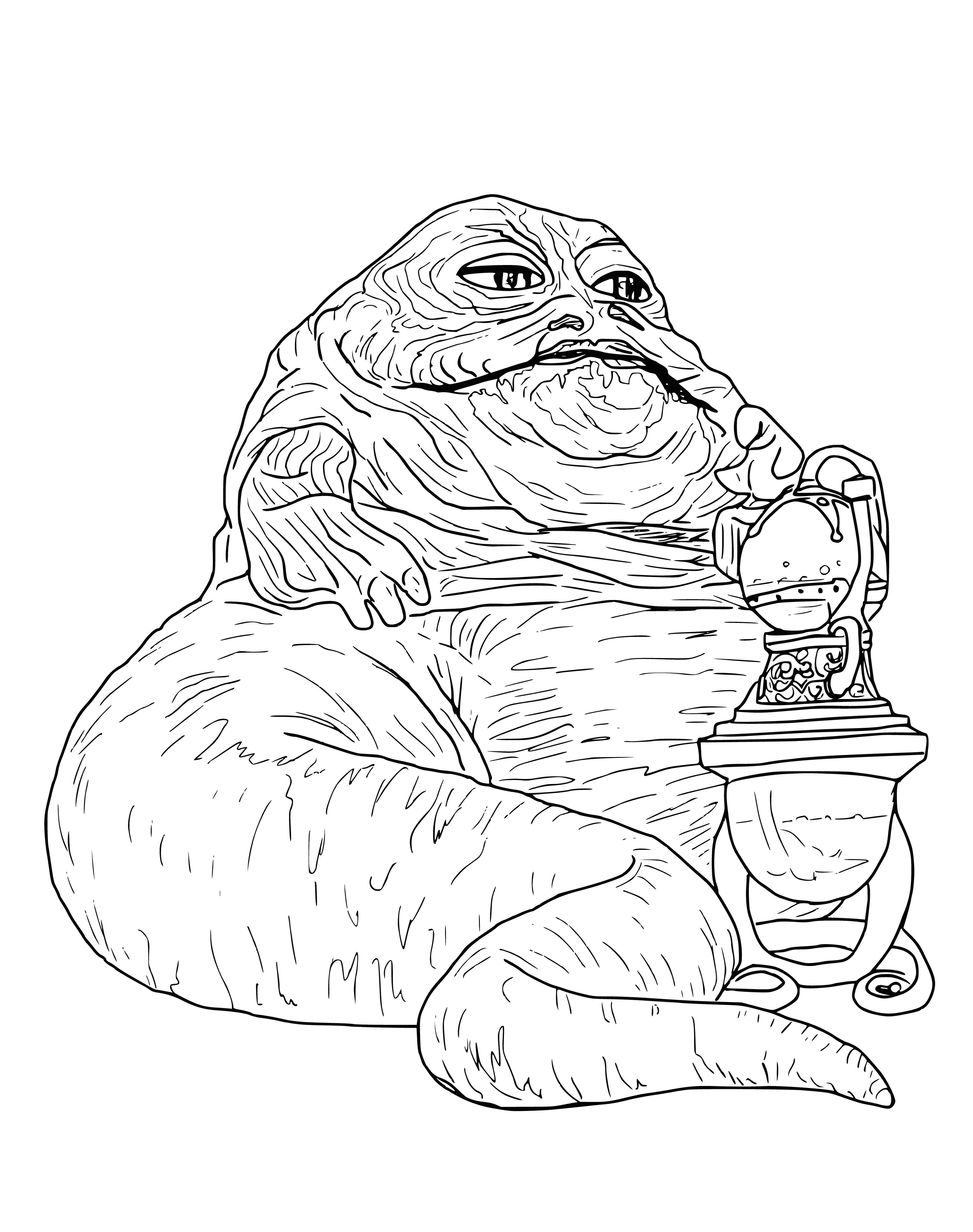 coloring page: Jabba the Hutt is the fearsome leader of smugglers on Tatooine - huge, slug-like creature with beaked mouth, small eyes, bald head & gold necklace.