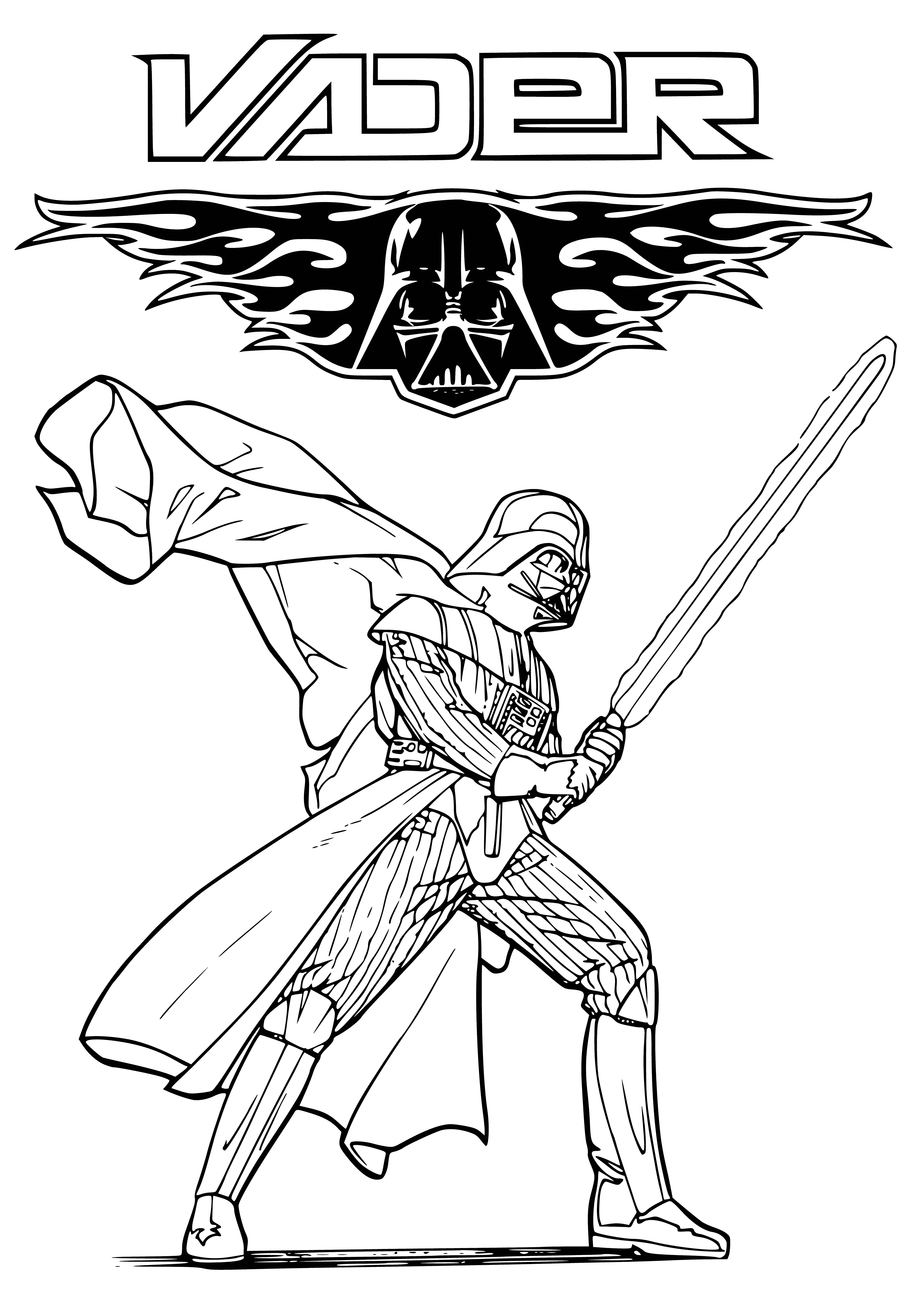coloring page: Darth Vader stands in a dark room, glowing red eyes in a black armor, cape & helmet. Holding a lightsaber, as throbbing light shines overhead.