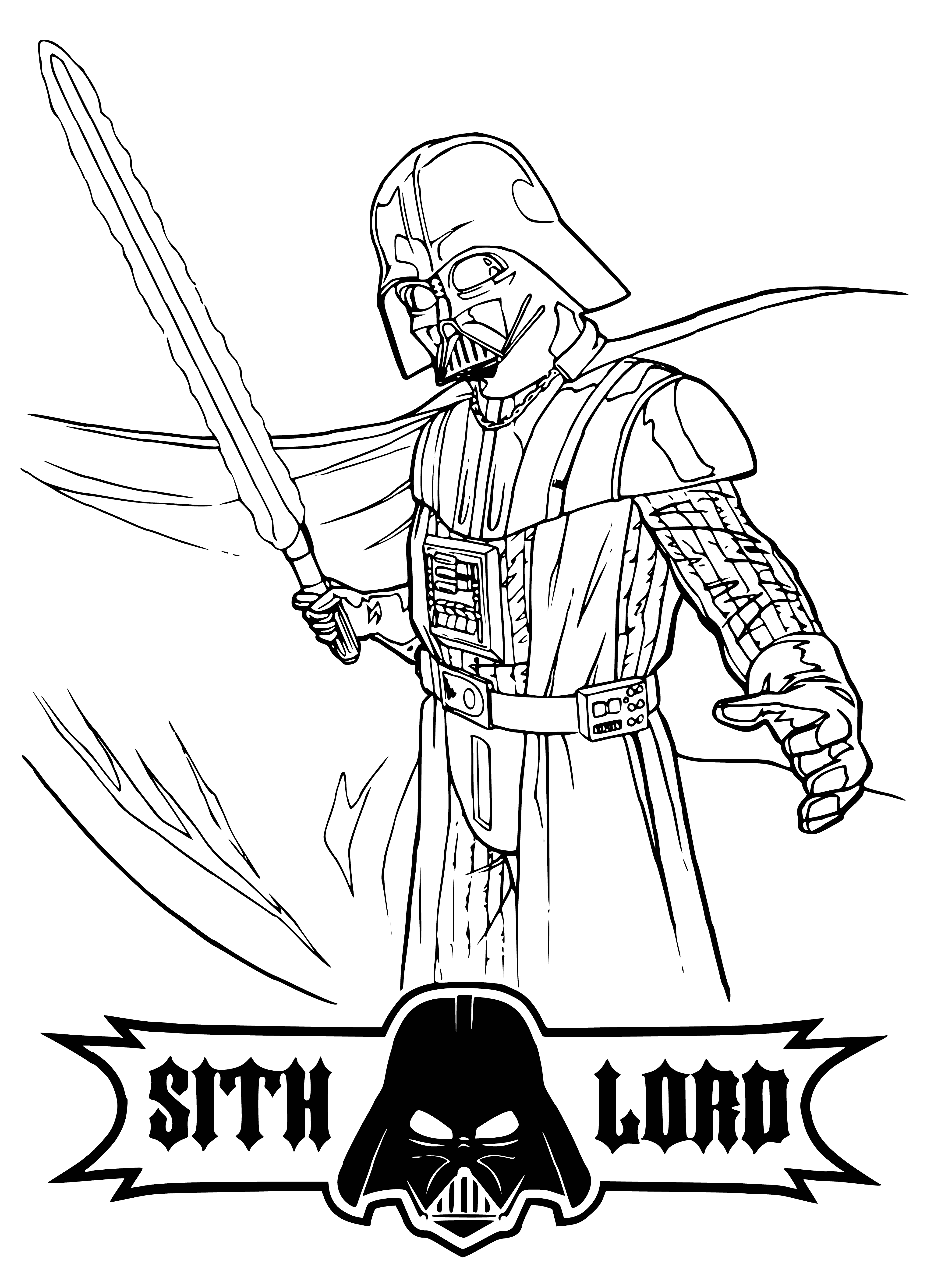 coloring page: Darth Vader, villain of the Star Wars franchise, in all black armor, holding a red lightsaber & raising his left hand in a gesture of power. Eyes glow menacing yellow.