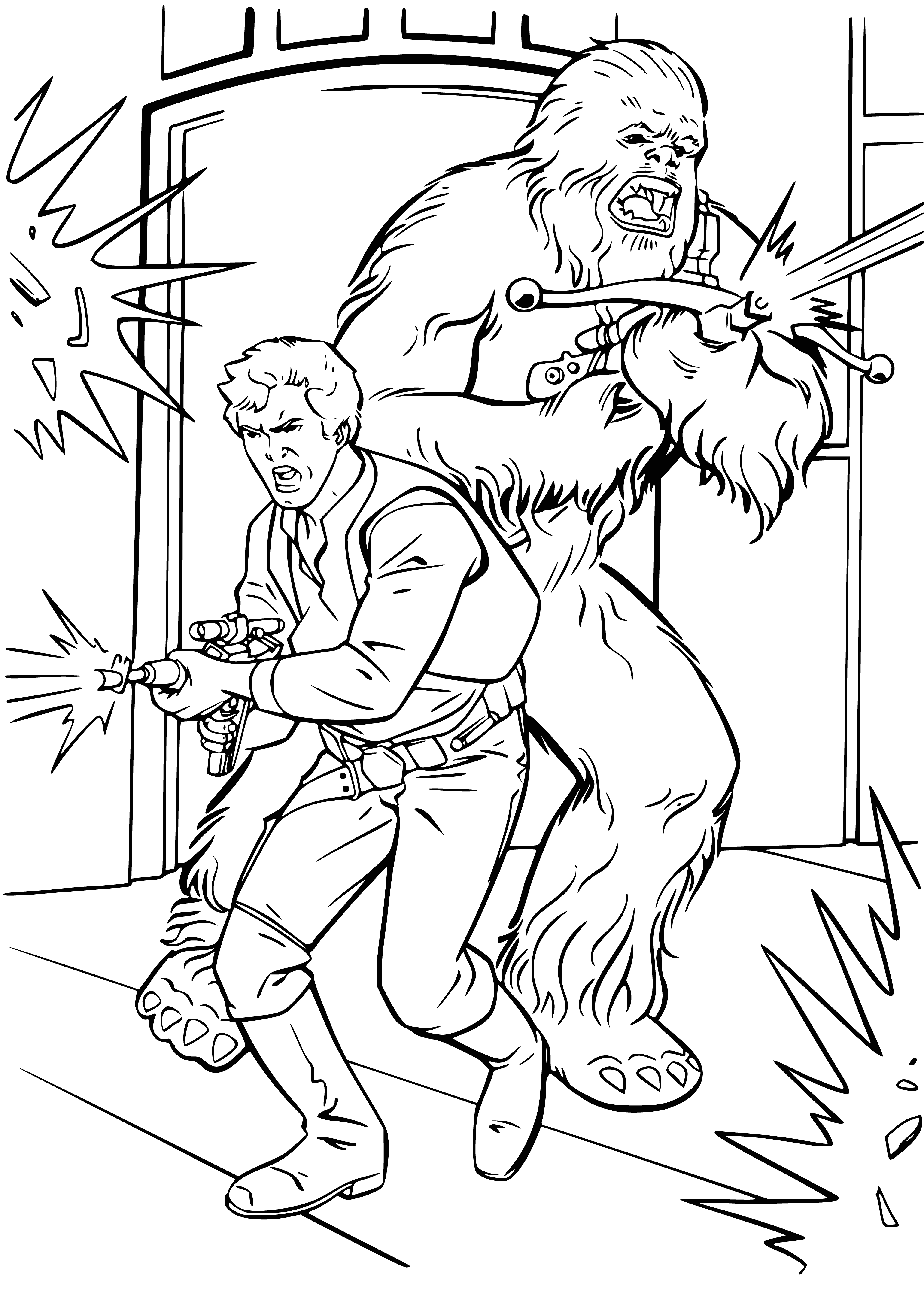 coloring page: Luke, Leia, & Chewie in a small room looking at a screen of Solo & Chubaka. #StarWars #ColoringPage