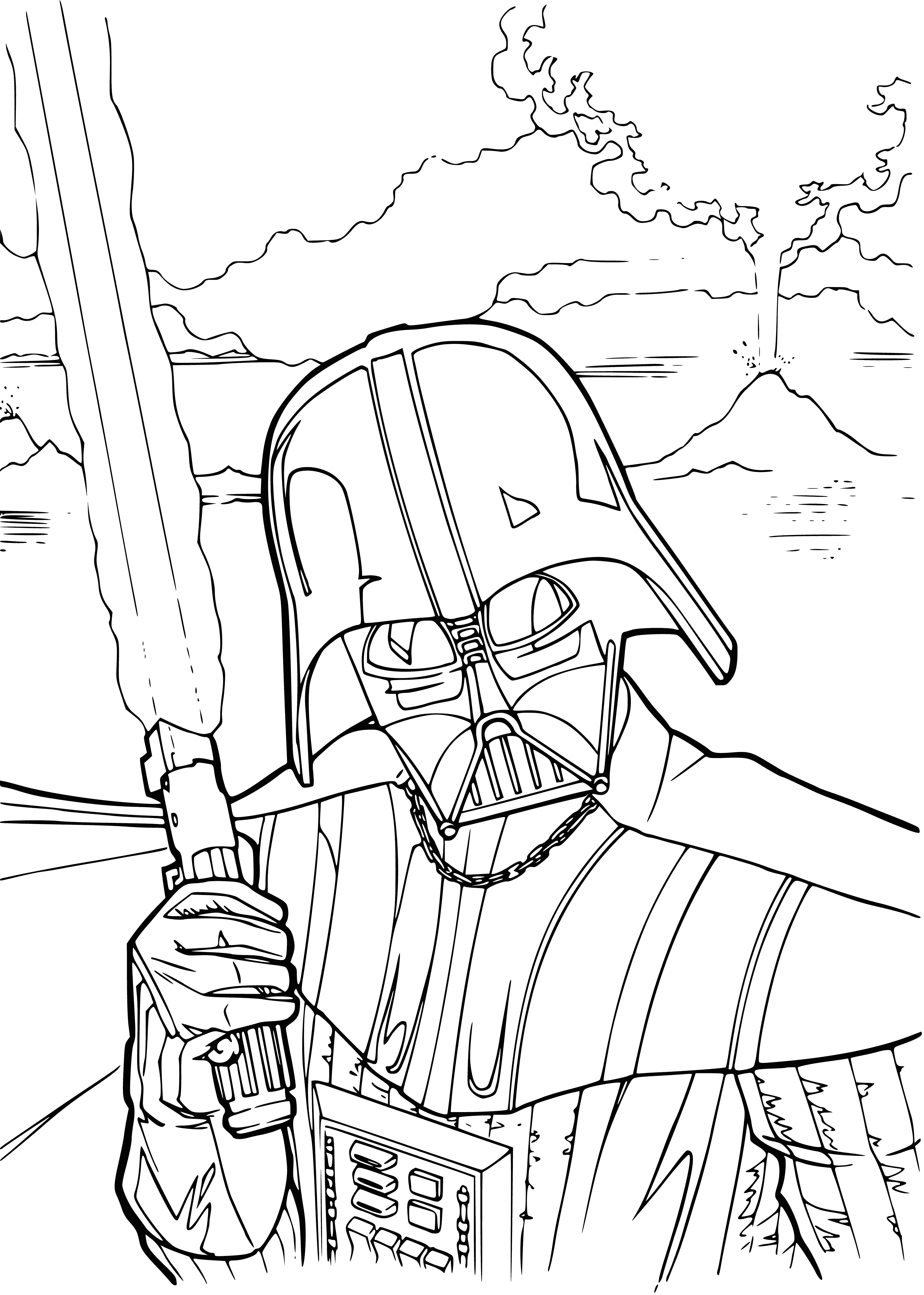 coloring page: Darth Vader, Lord Sith in all black with a long cape, stands on a balcony with crossed arms, helmet tilted, and a serious and menacing expression.