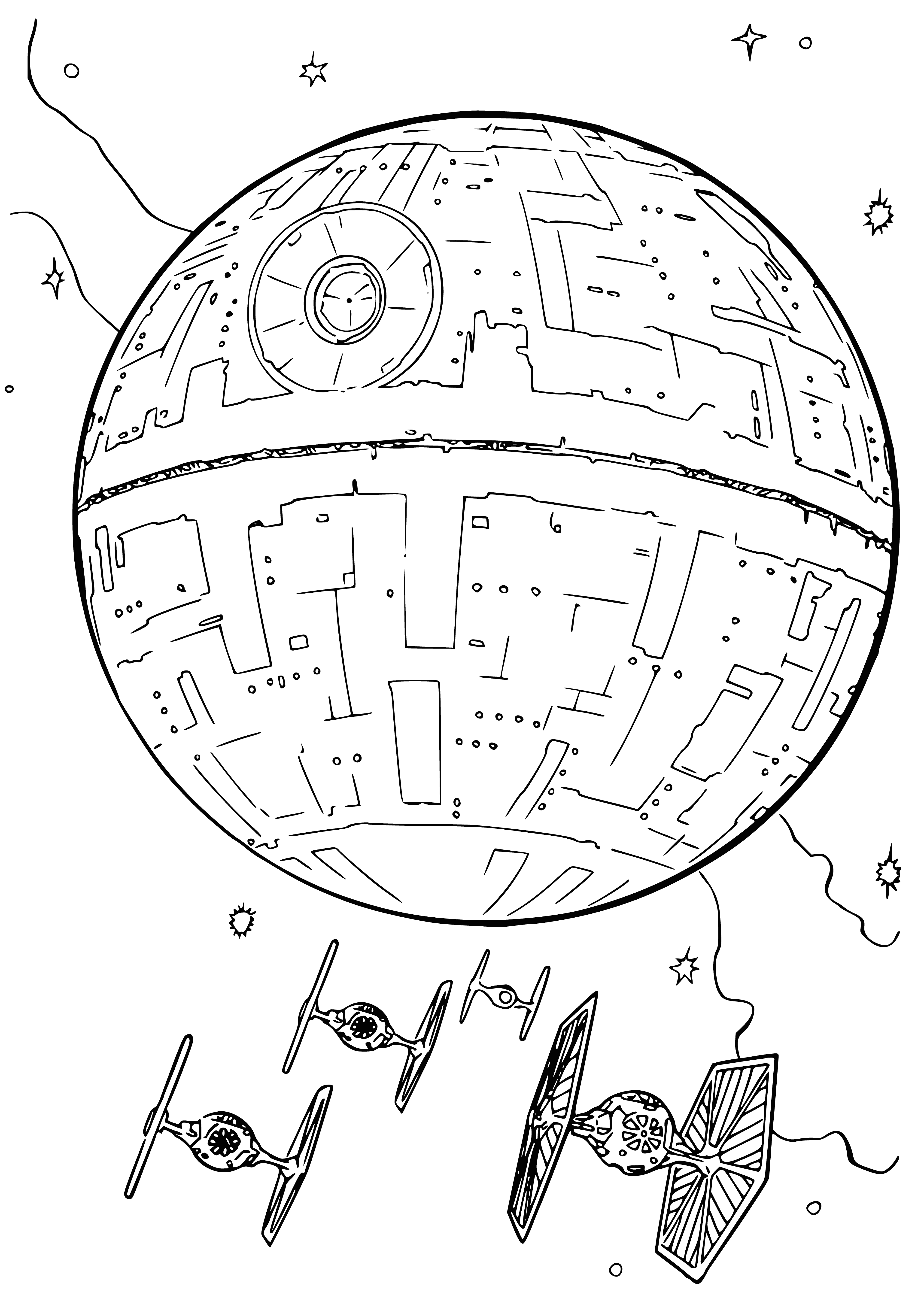 coloring page: Rebels battle Death Star: explosions seen on massive space station's surface as small alliance of ships attack.