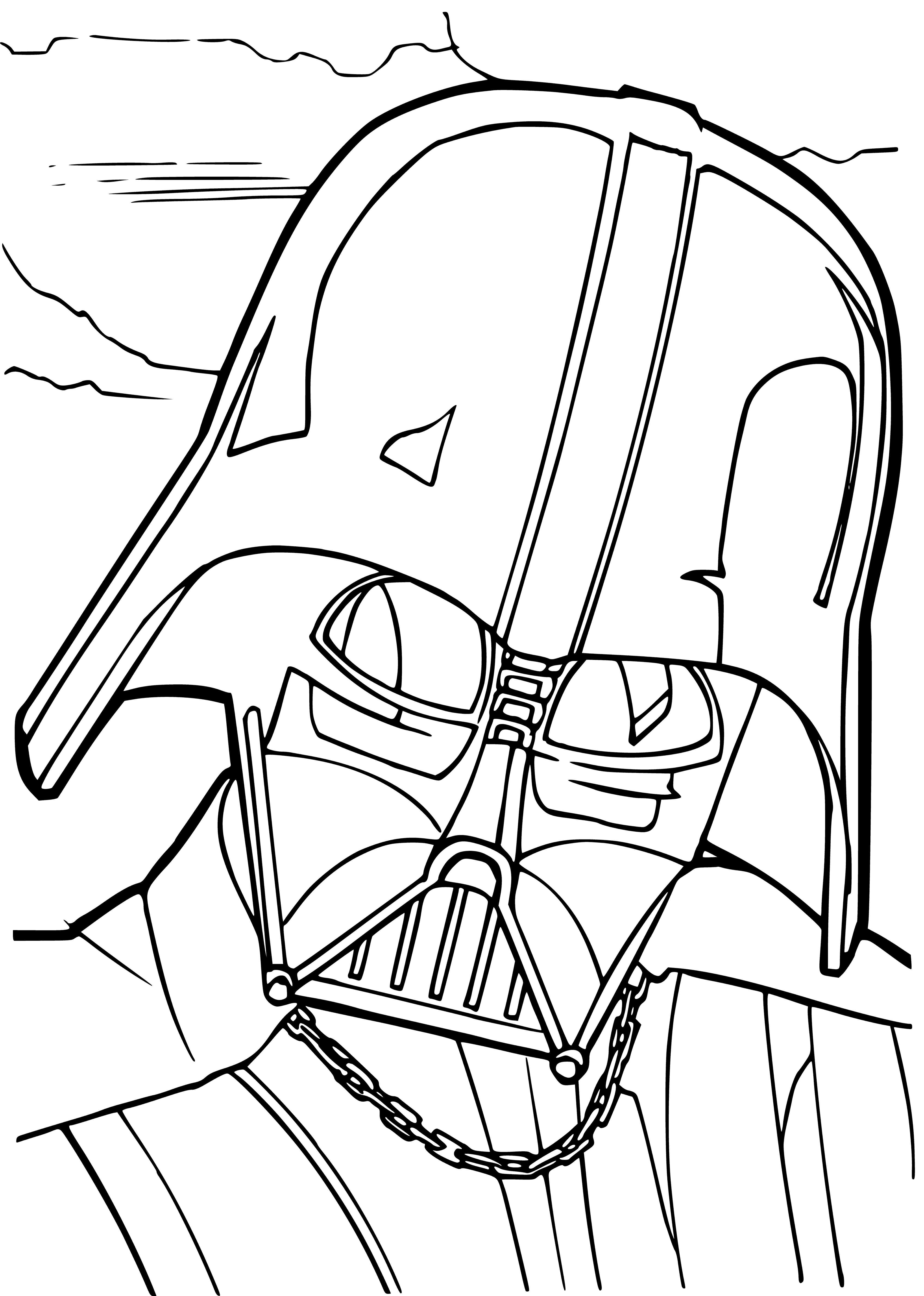 coloring page: Darth Vader's iconic black helmet & cape, menacing look & glowing red eyes give him a powerful presence.
