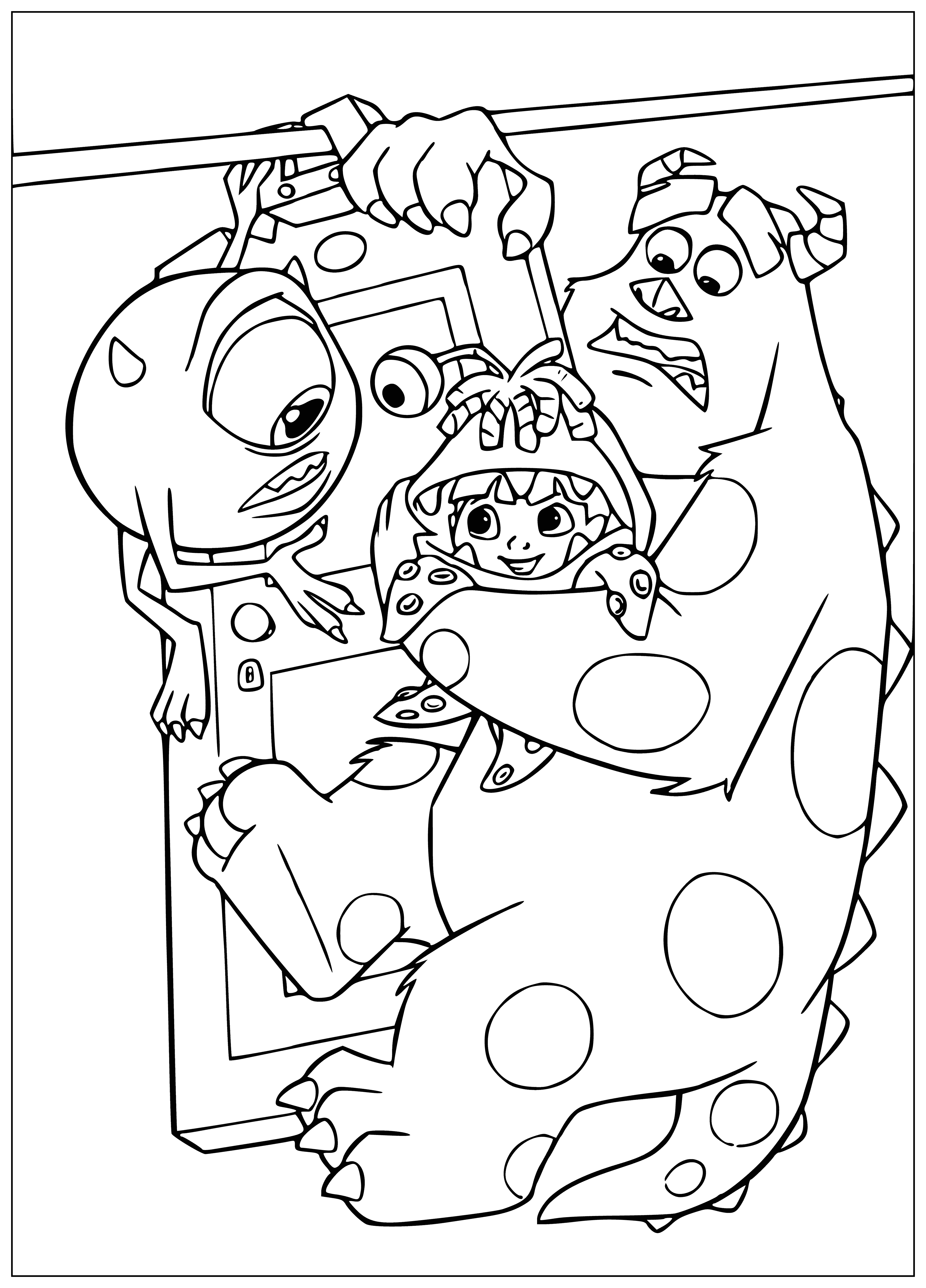 coloring page: A monster holds the door knob of an open door, with two eyes and a mouth.