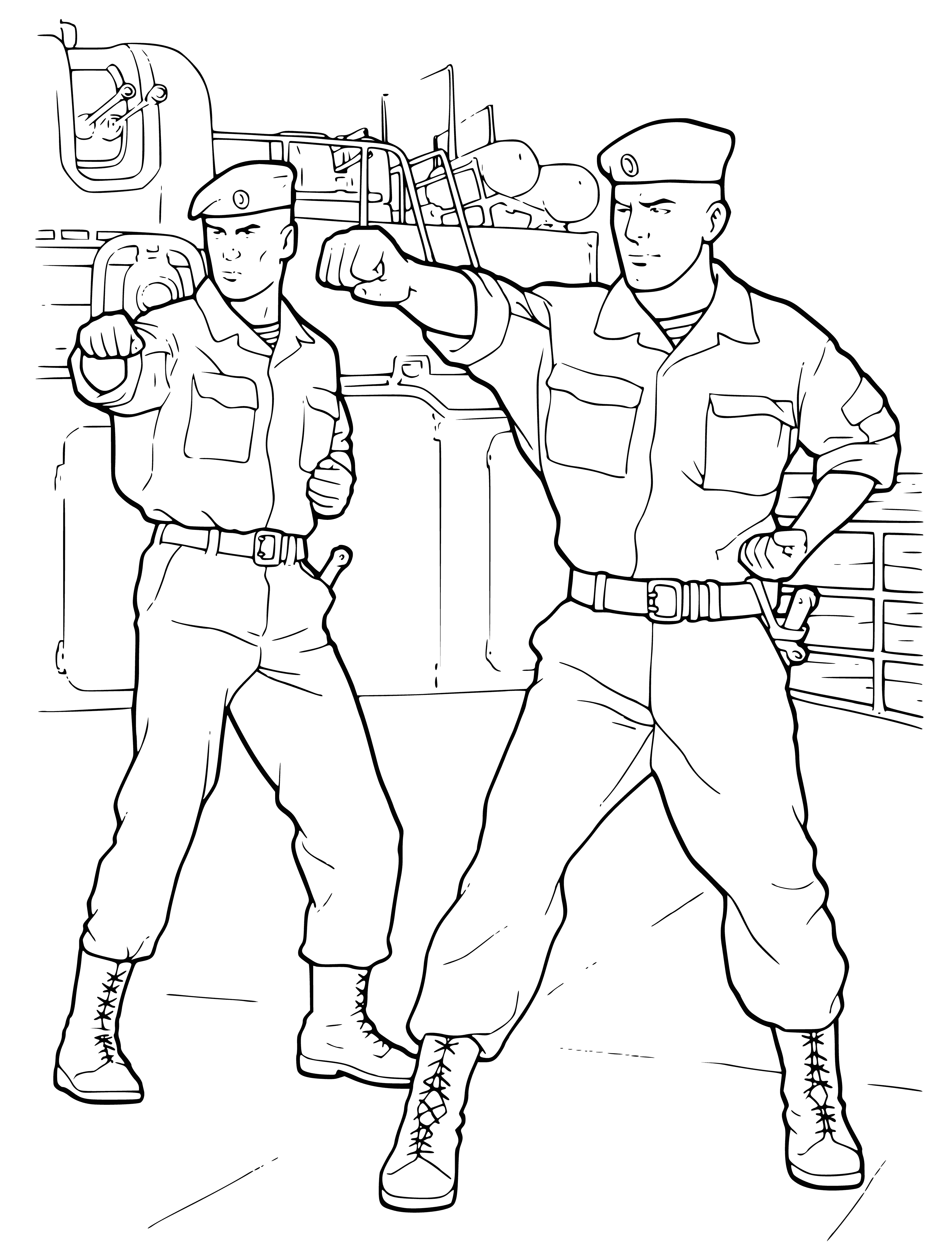 coloring page: Troops of the Russian army march on a coloring page w/ serious and disciplined resolves. Guns in hand.