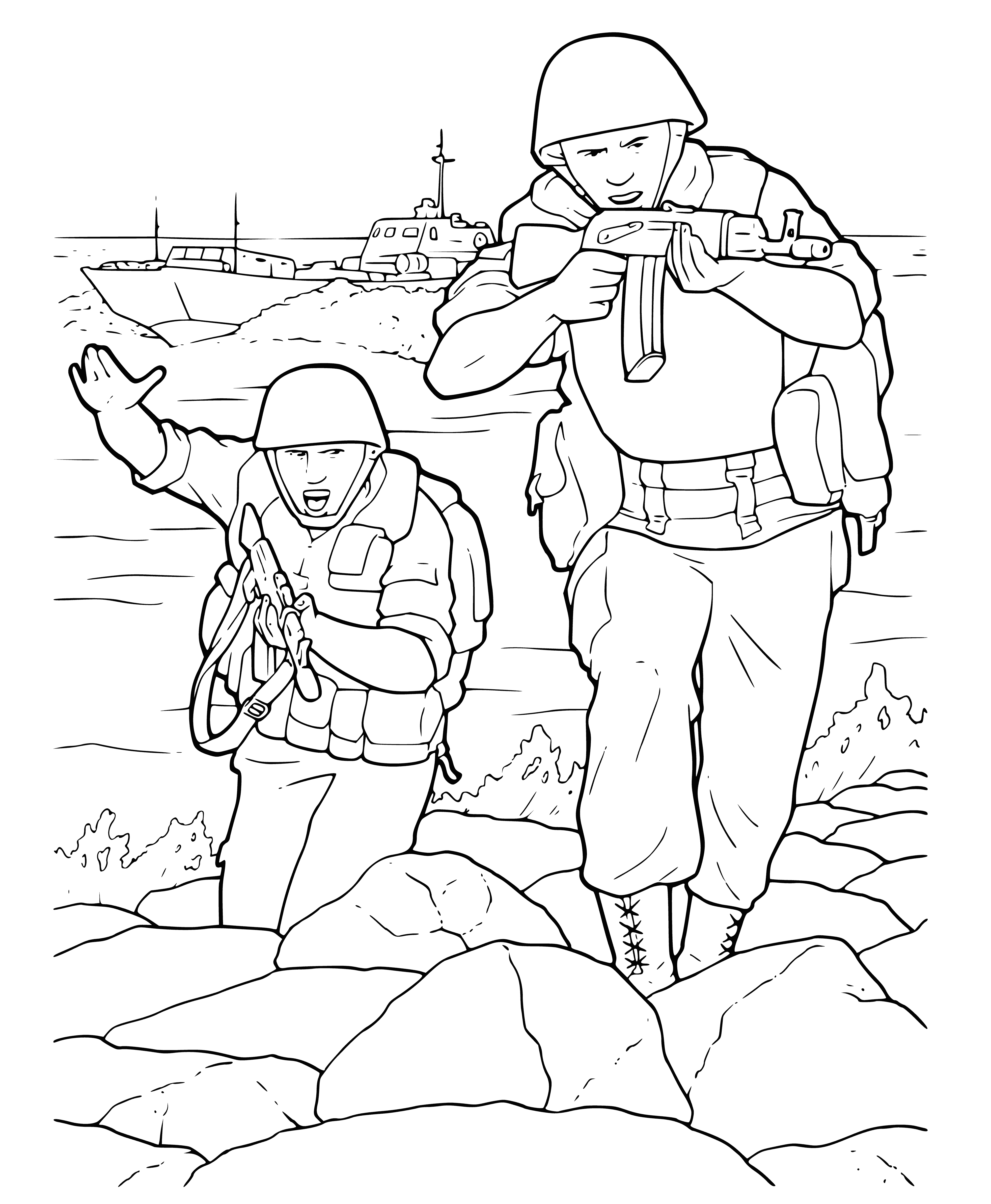 coloring page: 20 Marines w/ assault rifles, Kevlar vests, & combat gear standing ready for battle in front of an armored vehicle. Some have helmets, some have bandanas. All serious expressions ready for combat.