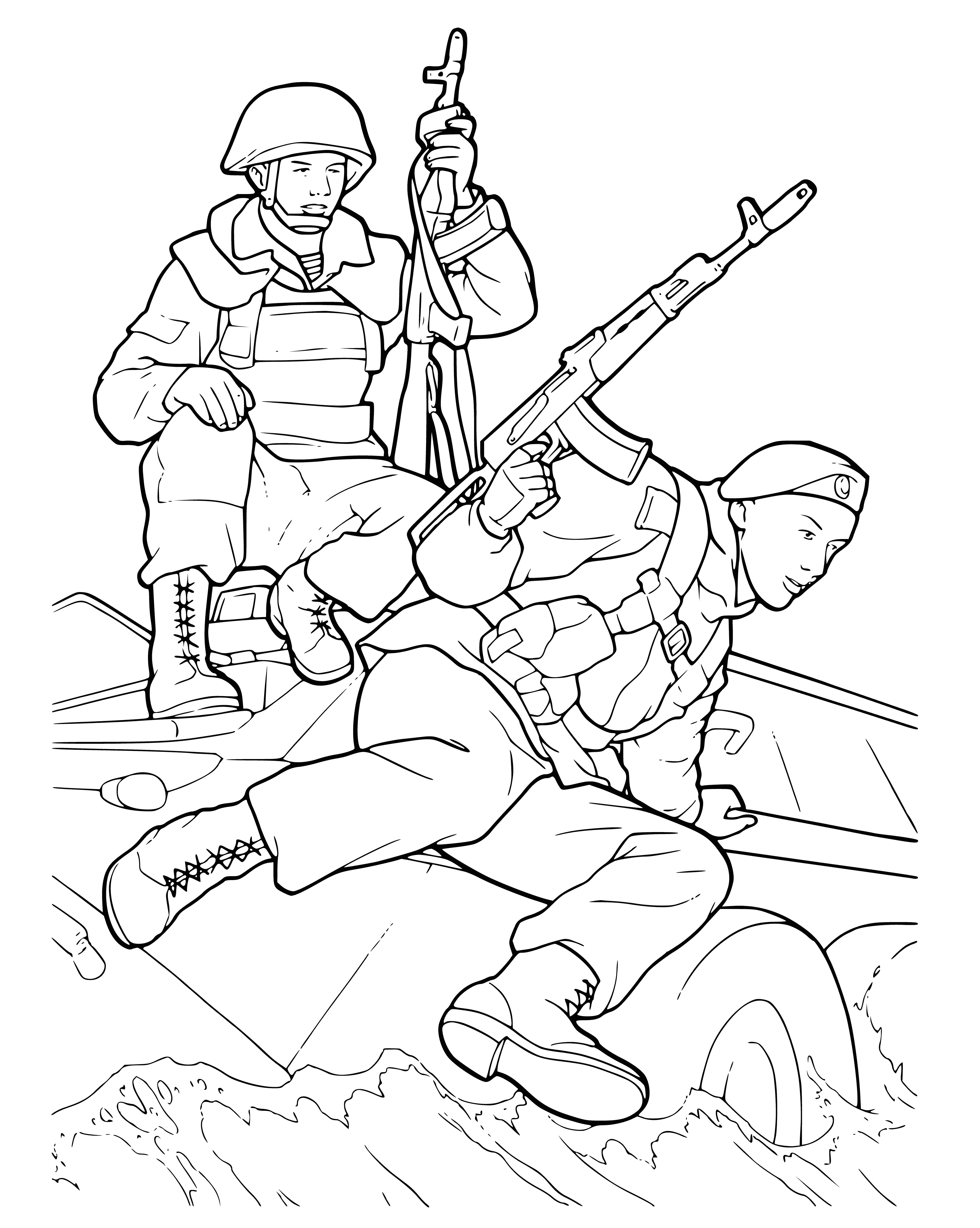 coloring page: Soldiers march in step on mission, carrying guns in uniforms, in coloring page.
