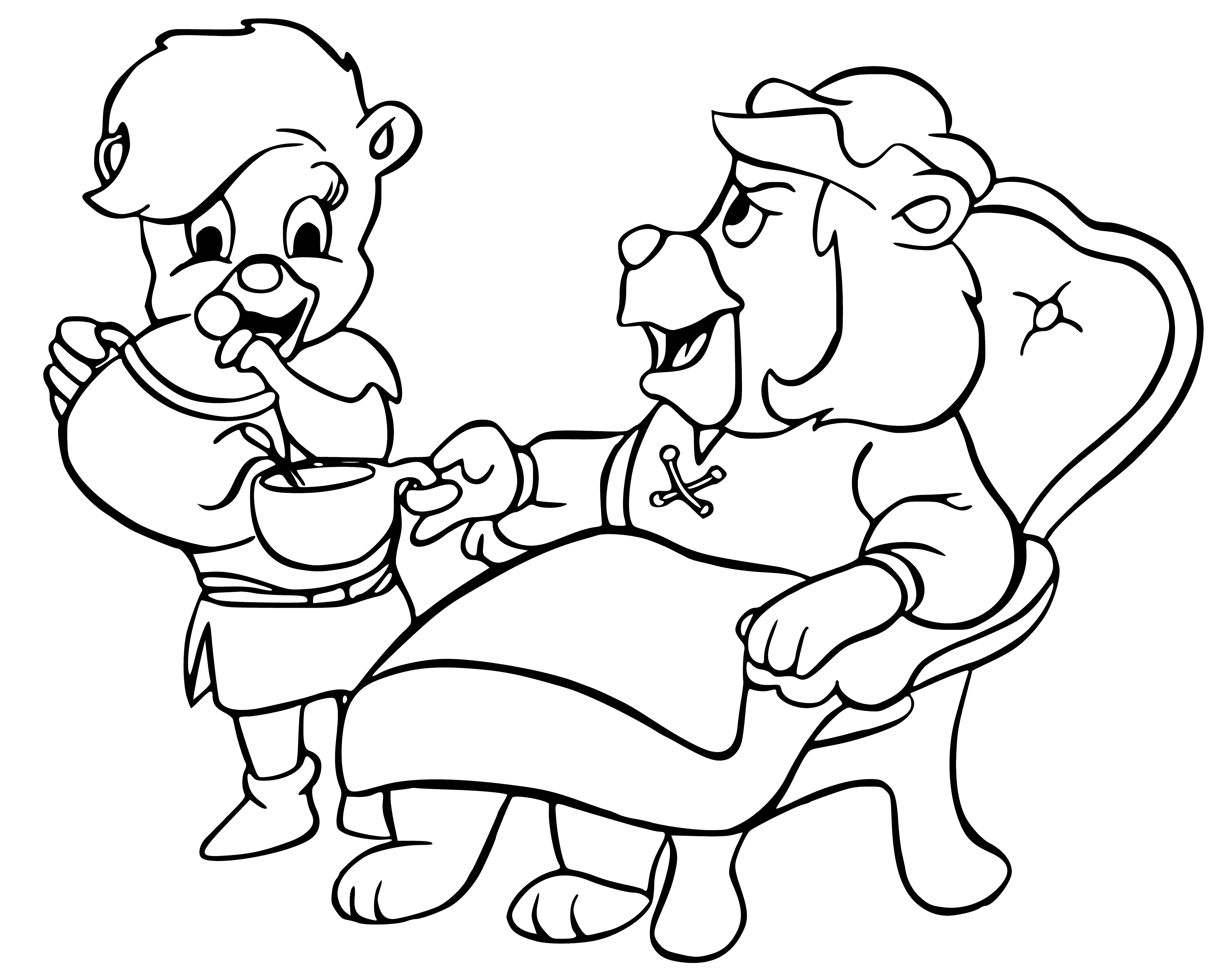 coloring page: A brown gummi bear with a light brown belly is standing on its hind legs and extending its arms, with its mouth open and tongue sticking out.
