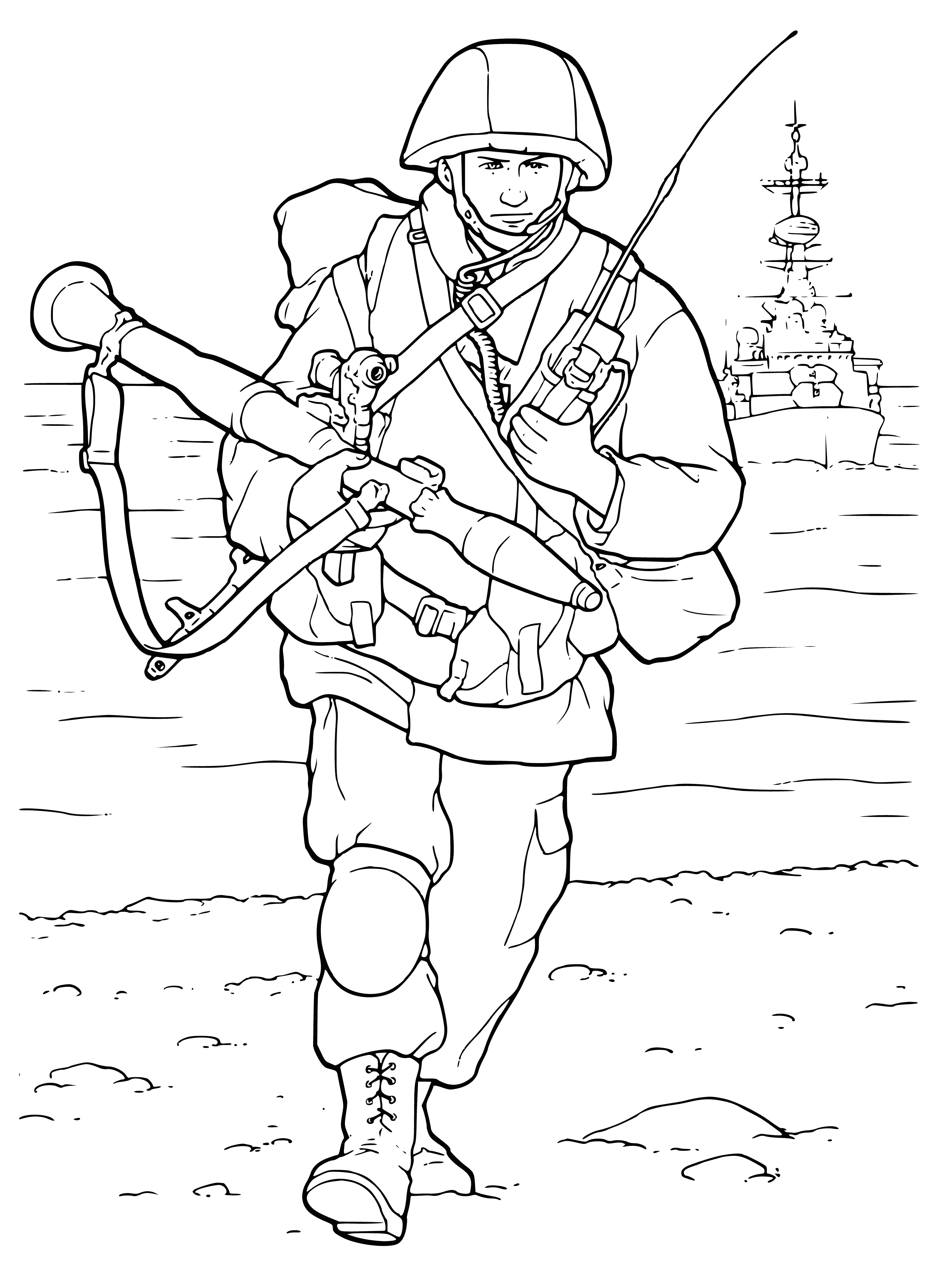 coloring page: Troops in camo stand in wooded area with rifles & packs, ready for action.