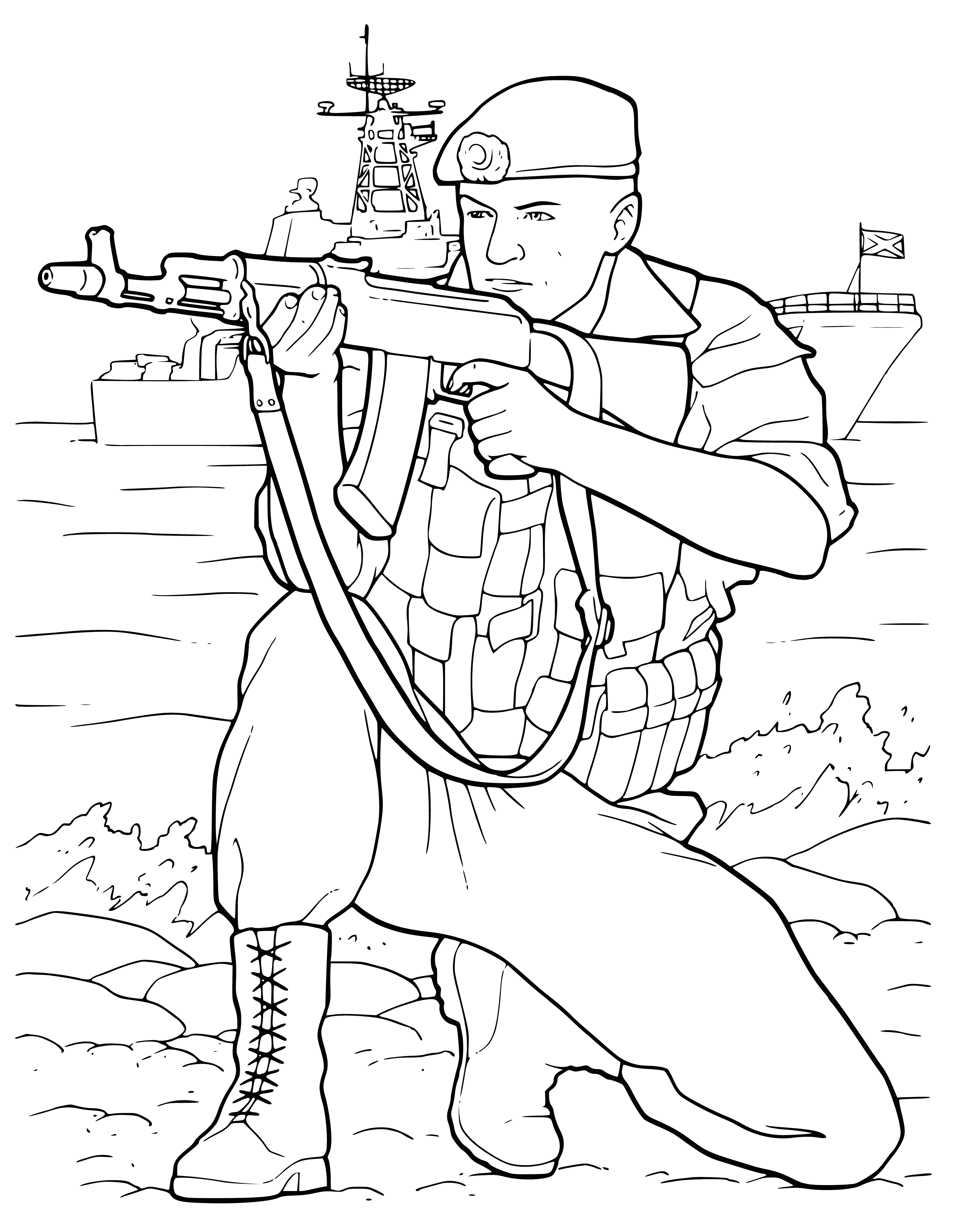 coloring page: Soldiers in uniform line up, carrying guns: rifles, pistols, green camo pants, brown boots, jackets, helmets, ammo pouches.