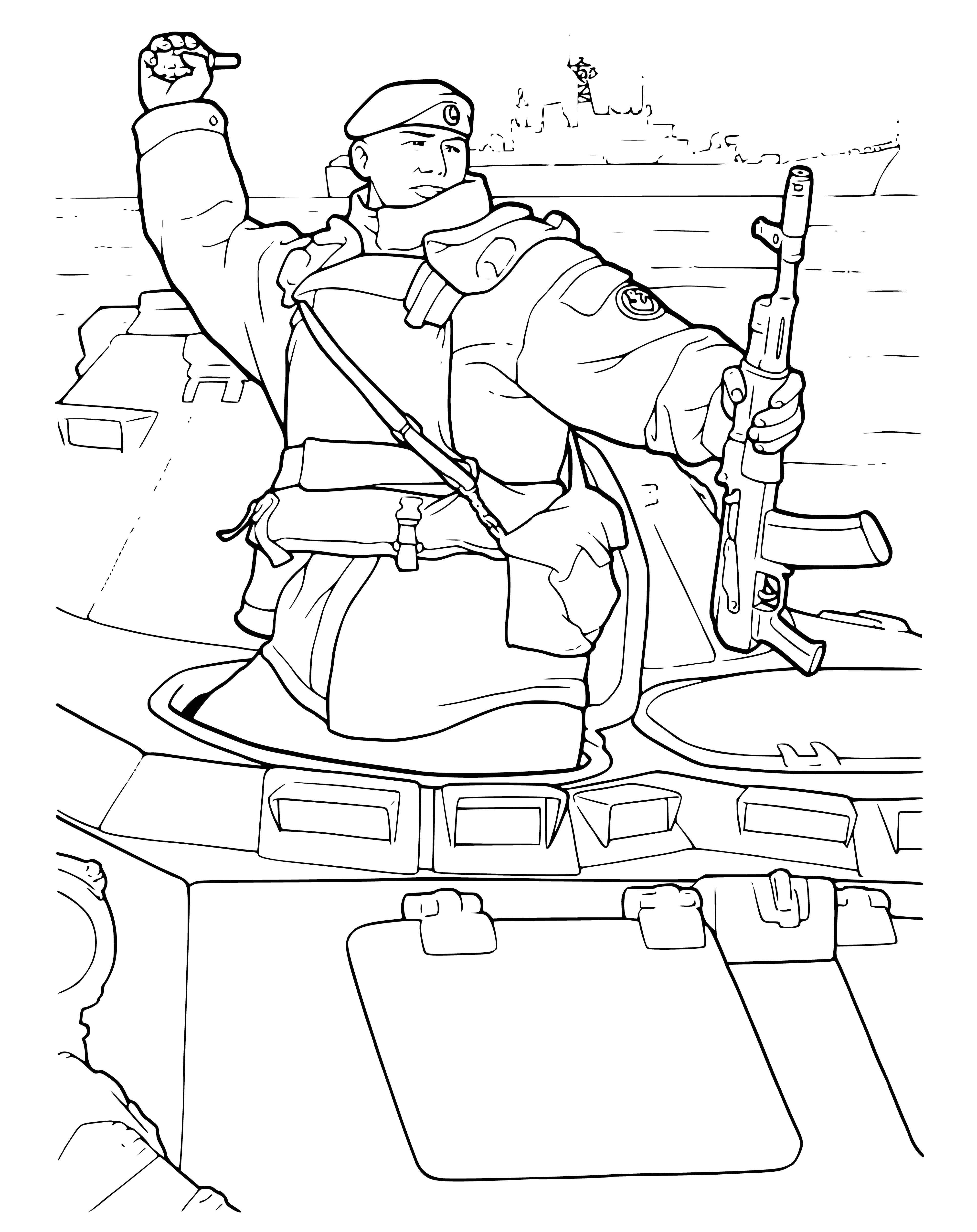 coloring page: The Army is America's protector and defender, comprised of the Marine Corps, Navy, Air Force, and Coast Guard, highly trained and prepared to respond to any threat.
