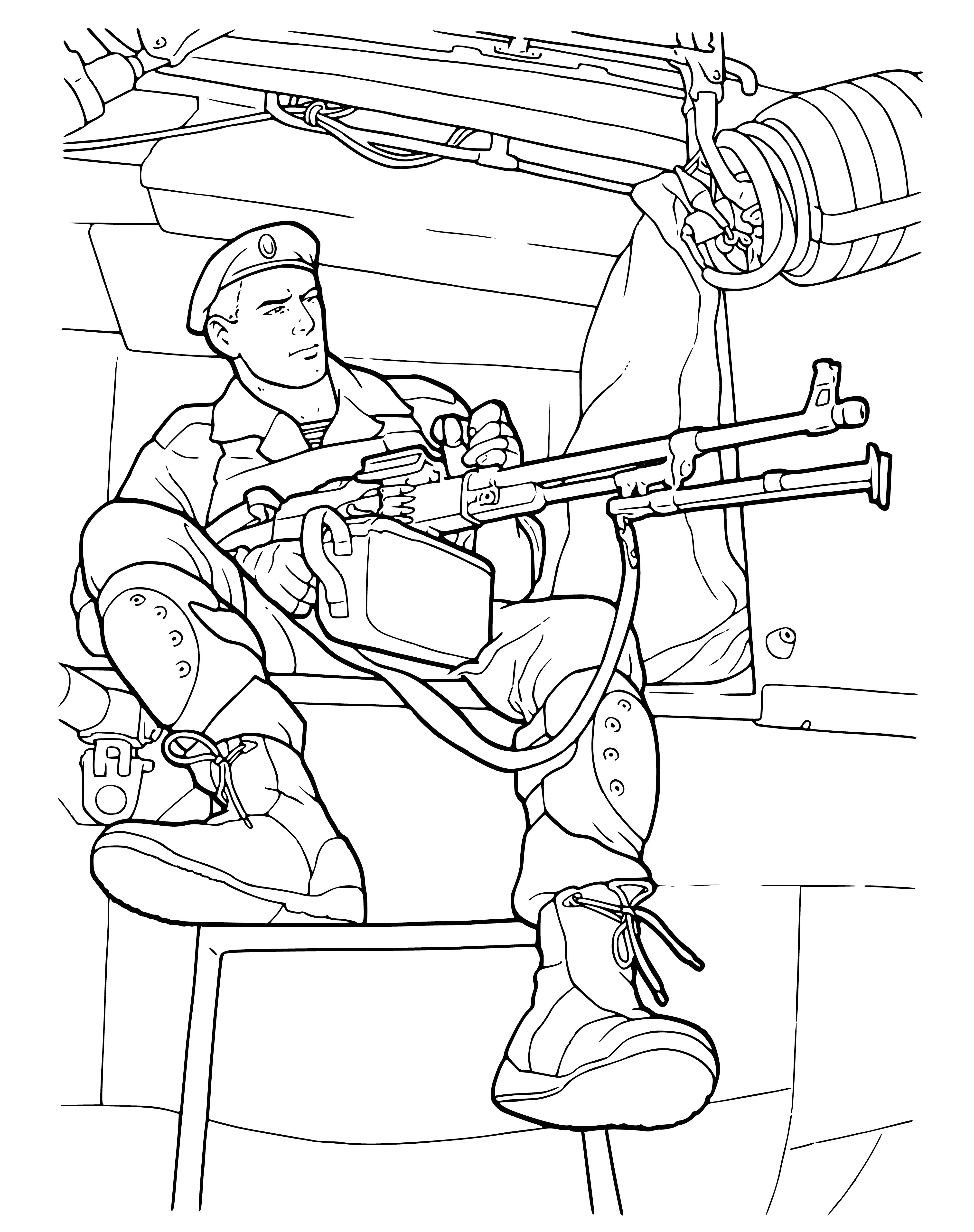 coloring page: Marines in desert landscape ready for combat, guns in hand. #MarineLife #DesertScenes